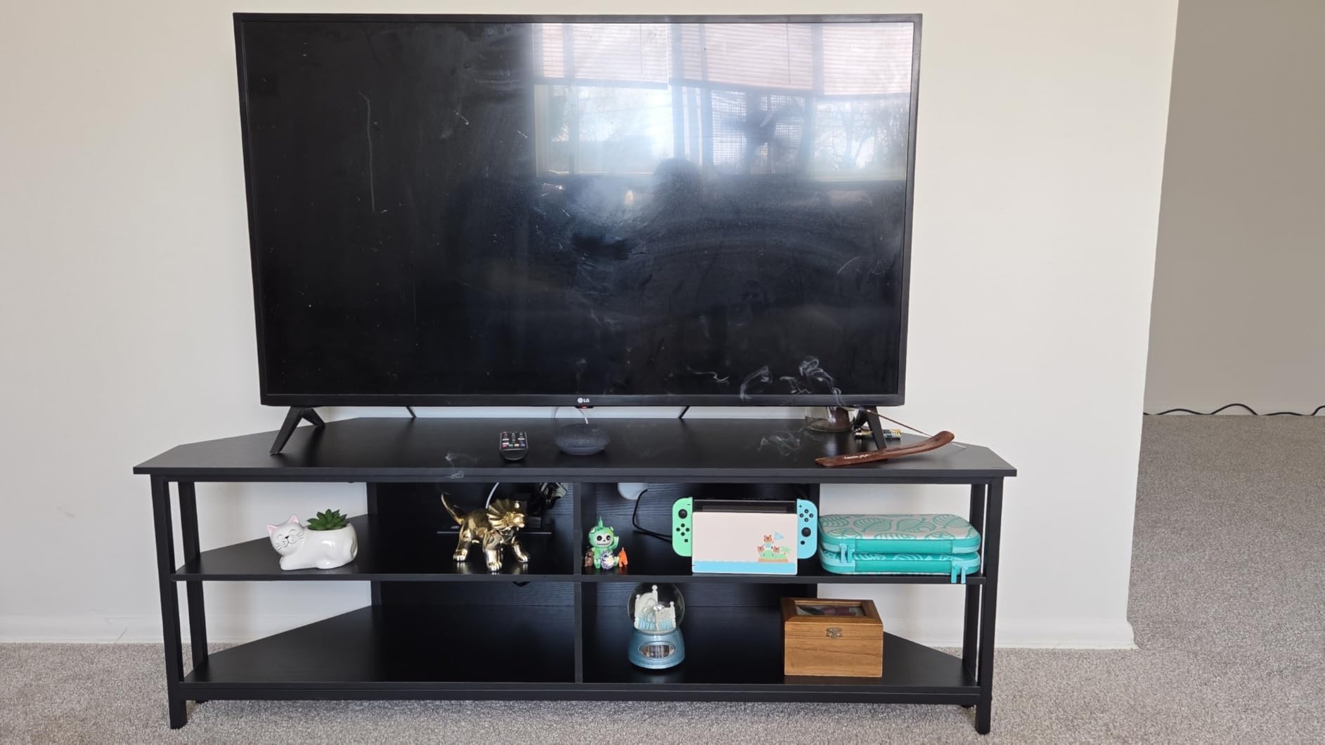 Unikito Corner TV Stand With Power Outlet, Corner Entertainment Center Corner TV Table With 4 Open Storage Corner TV Cabinet Wood TV Stand For Living Room, Bedroom Corner TV Stand For 55 inch TV, Black customer photo 1