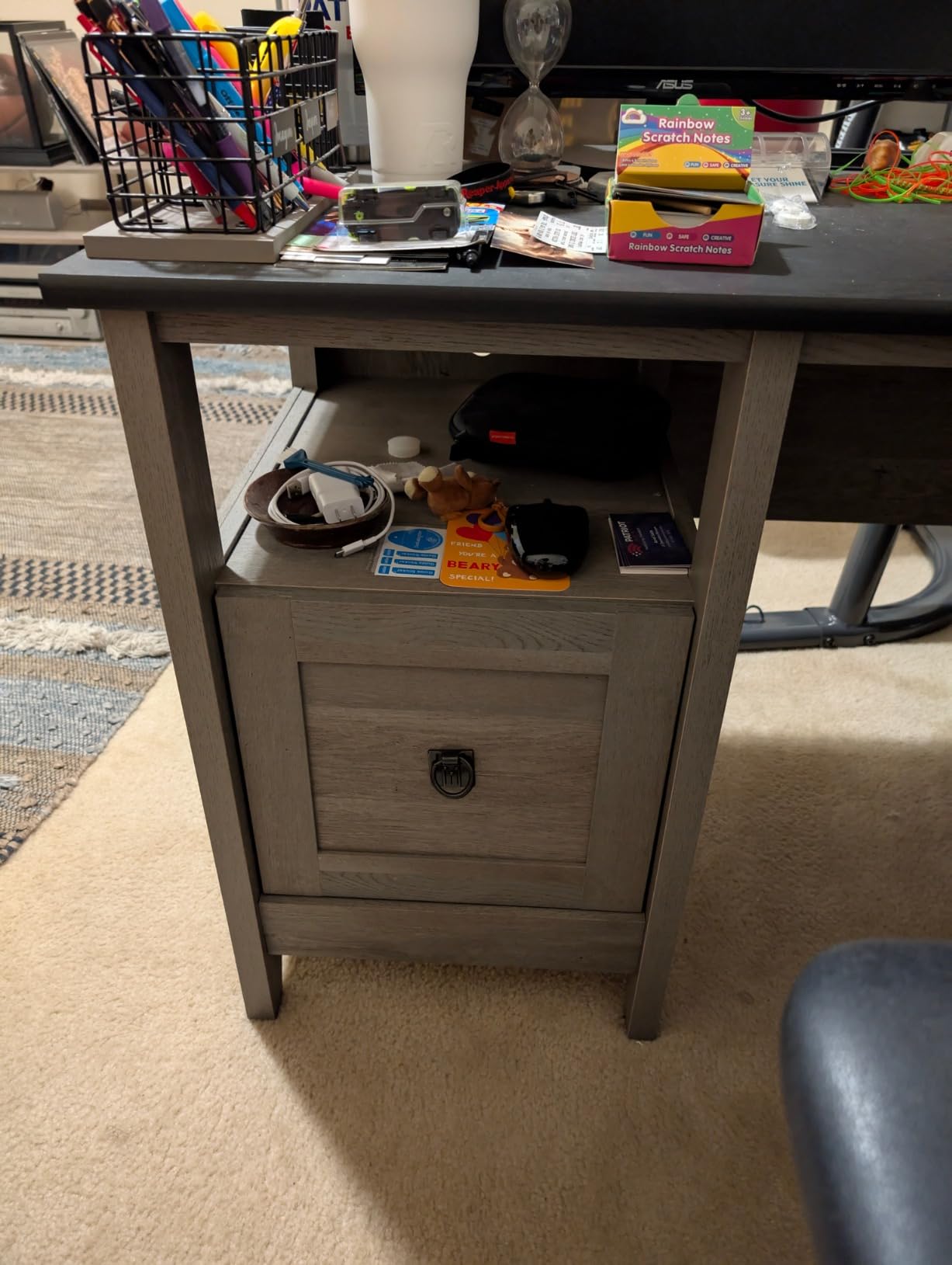 Sauder August Hill L-Shaped Home Office Desk, Farmhouse Corner Desk with File Drawer, Cable Management, Mystic Oak Finish customer photo 2