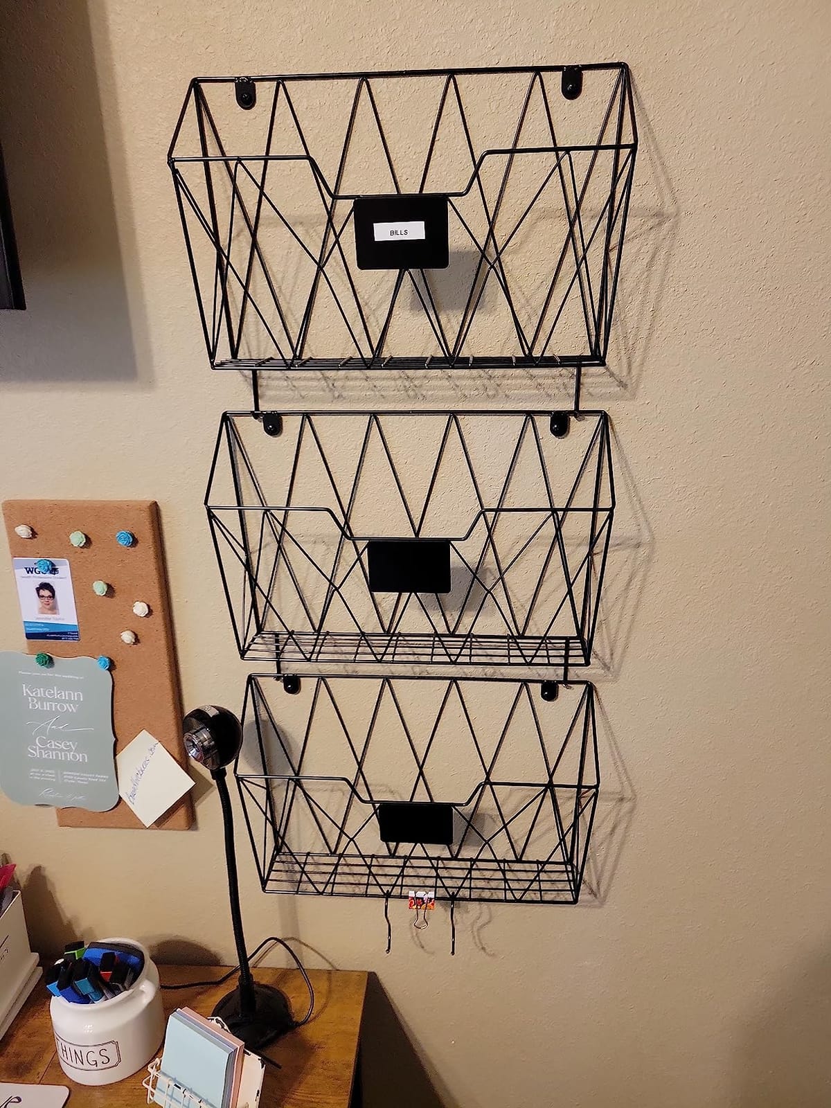 Wall File Organizer, 3 Pack Metal Wall Basket File Holder for Home Office | Vertical Hanging File Organizer, Mail Organizer Wall Mounted Magazine with Label Slot & Hooks, Sorts paper, Mails & Supplies customer photo 1