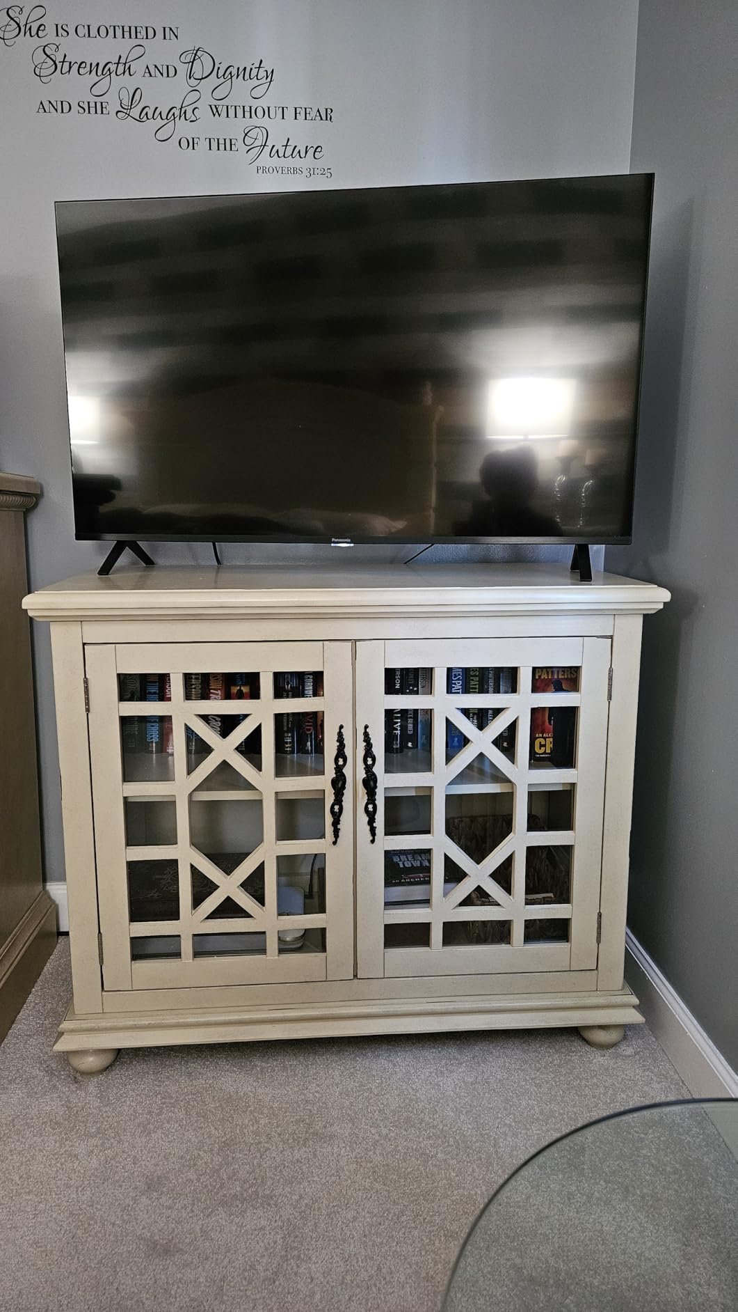 Elegant Small Spaces Accent Cabinet, Blue & Walnut Top | Solid Wood, Glass Doors, Vintage Sideboard, Small TV Stand for Living Room or Entryway, Turned Bun Feet, Adjustable Shelf customer photo 1