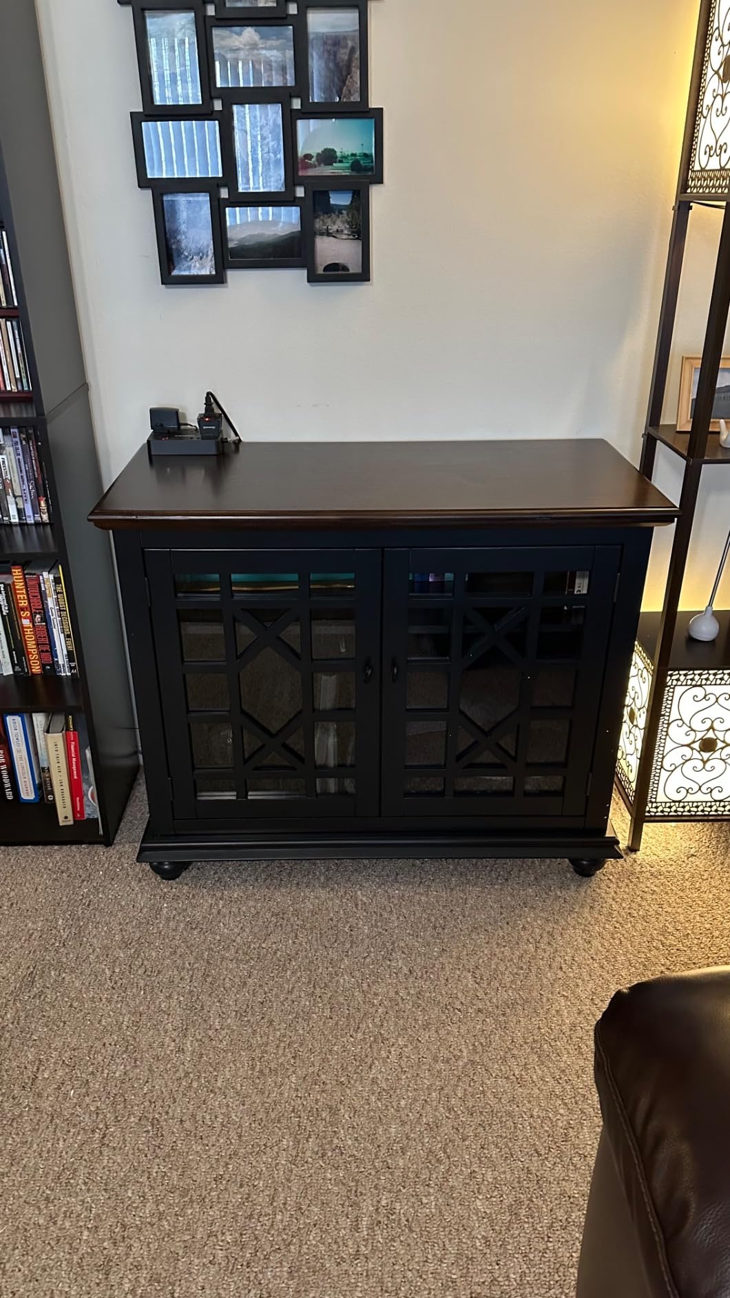 Elegant Small Spaces Accent Cabinet, Blue & Walnut Top | Solid Wood, Glass Doors, Vintage Sideboard, Small TV Stand for Living Room or Entryway, Turned Bun Feet, Adjustable Shelf customer photo 2