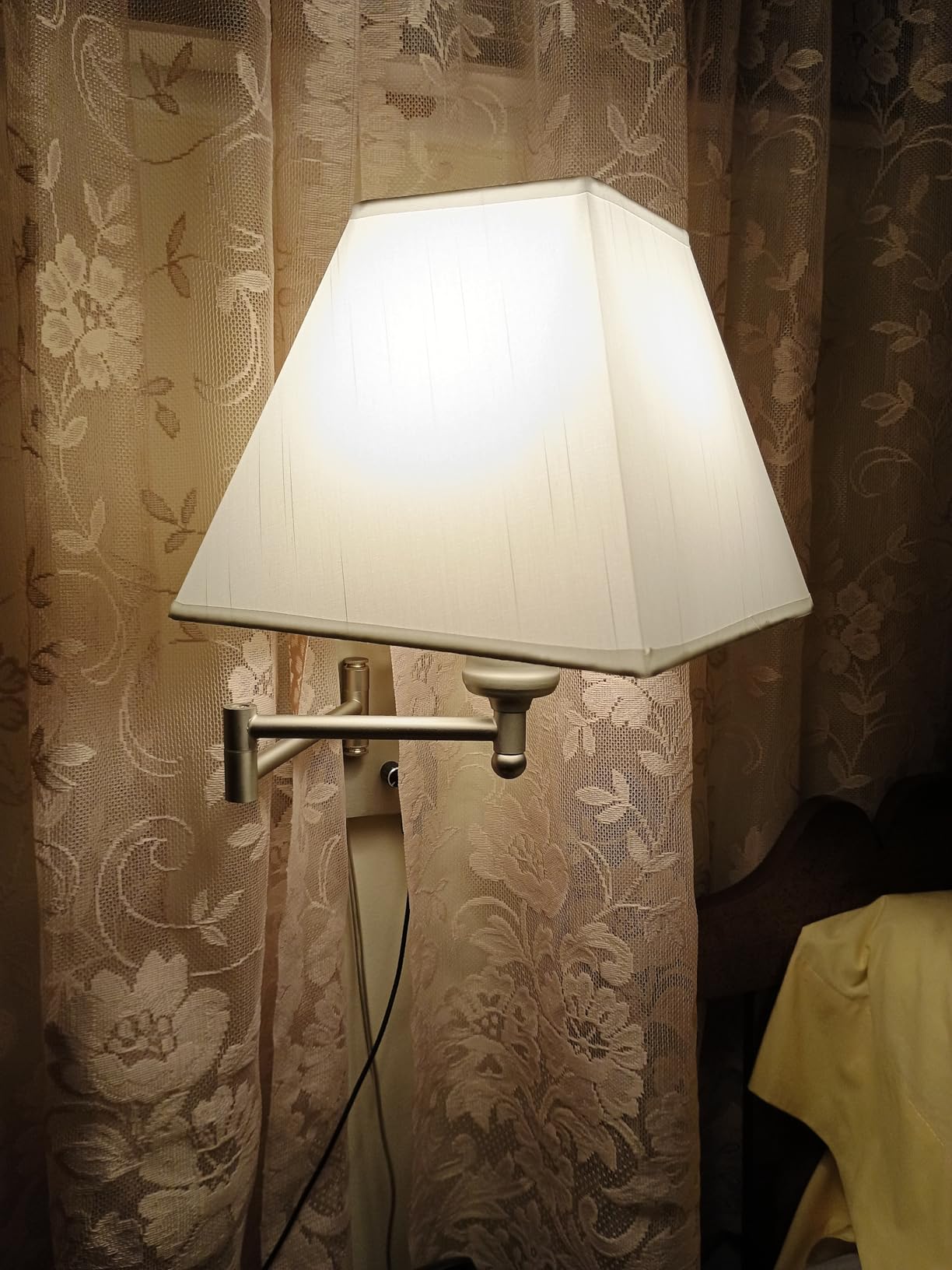 Plug in Wall Light, Swing Arm Wall Sconces with USB Port and Outlet, Wall Lamp with White Fabric Shade Dimmable Switch for Bedroom, Living Room, Office, Nickel customer photo 1