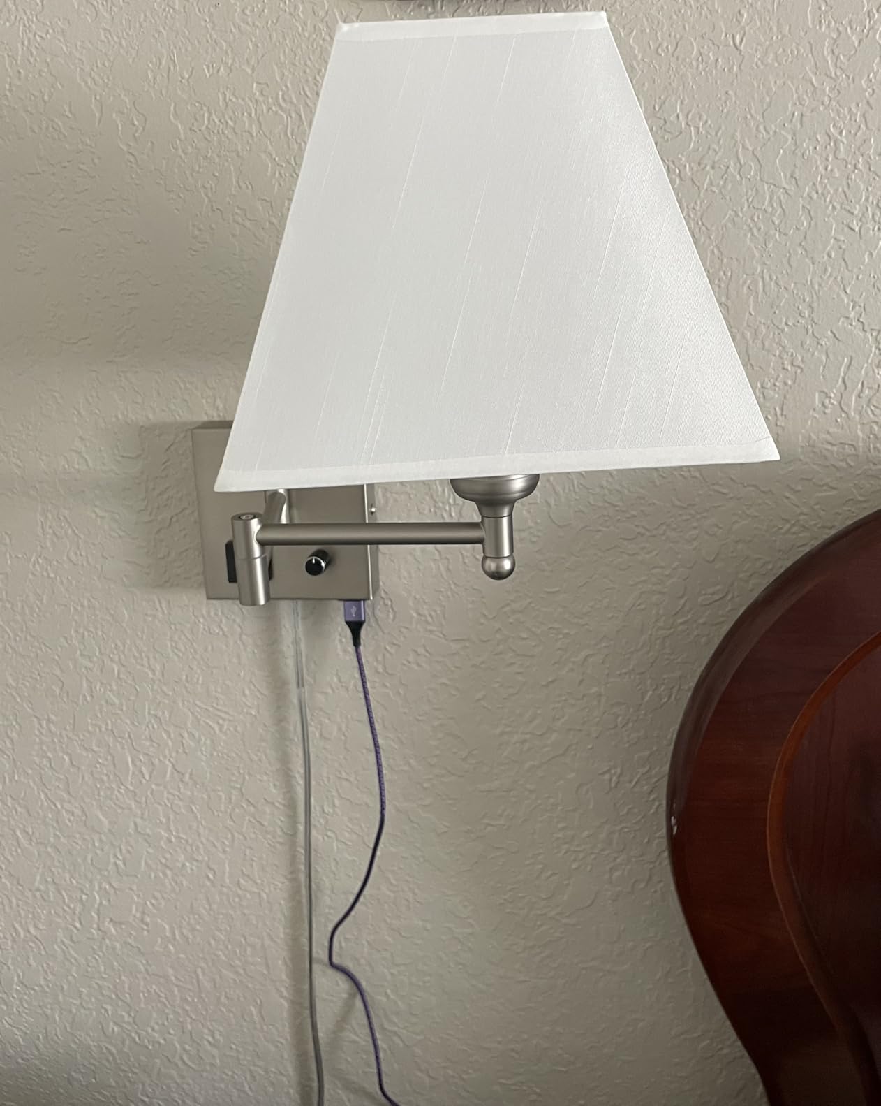 Plug in Wall Light, Swing Arm Wall Sconces with USB Port and Outlet, Wall Lamp with White Fabric Shade Dimmable Switch for Bedroom, Living Room, Office, Nickel customer photo 2