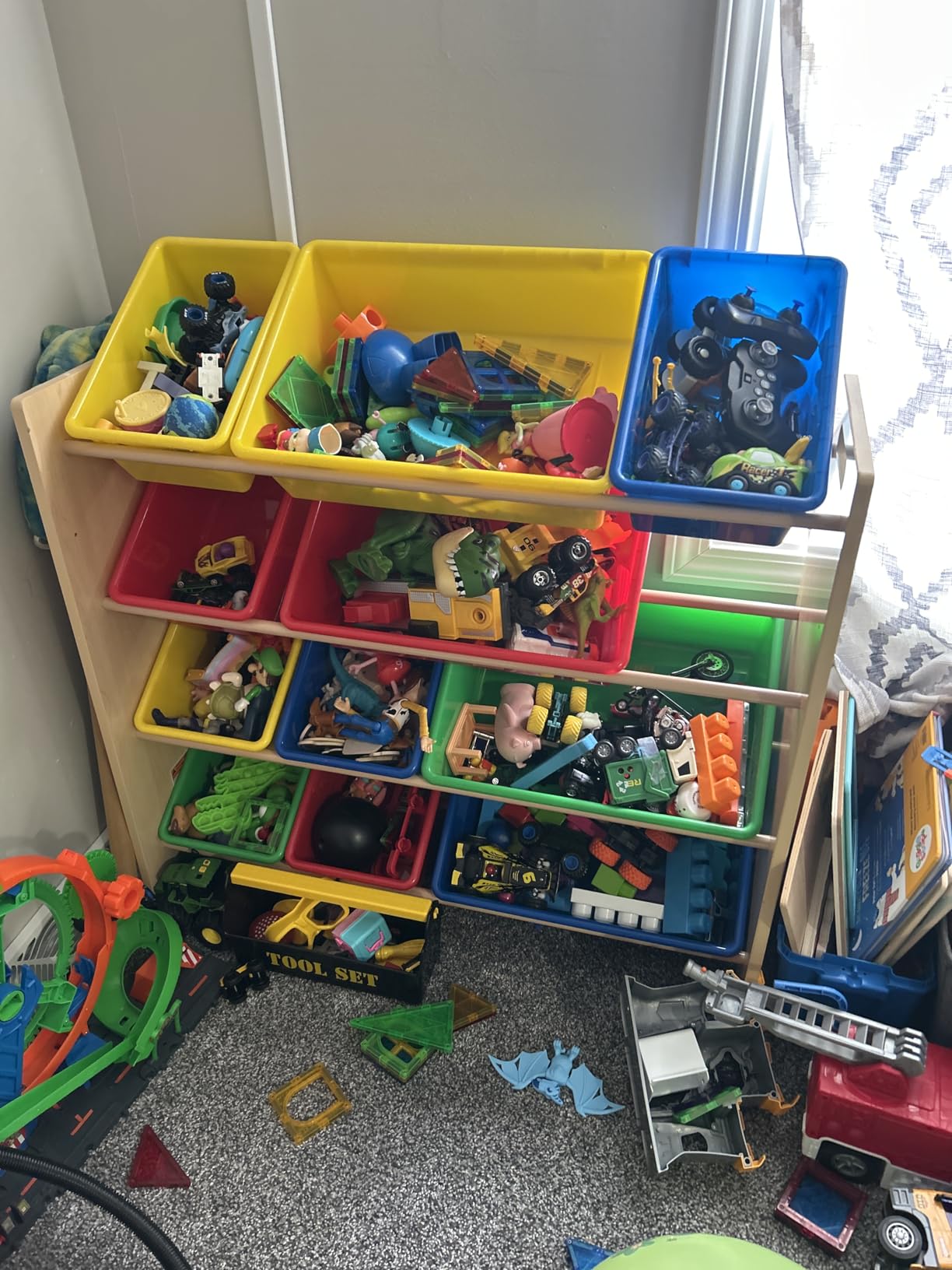 Amazon Basics Kids Toy Storage Organizer With 12 Plastic Bins, Natural Wood, Multicolor, for Bedroom and Playroom, 33.85