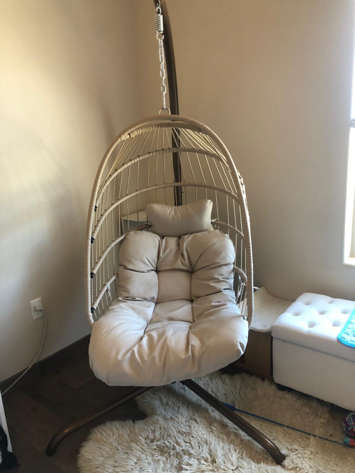 RADIATA Egg Chair Outdoor with Stand, PE Wicker Hanging Swing Egg Chair | 350 lbs Heavy Duty, Beige, Foldable, PE Rattan Swing Hammock Chair, Hanging Egg Chair with Thick Cushion for Patio Garden customer photo 2