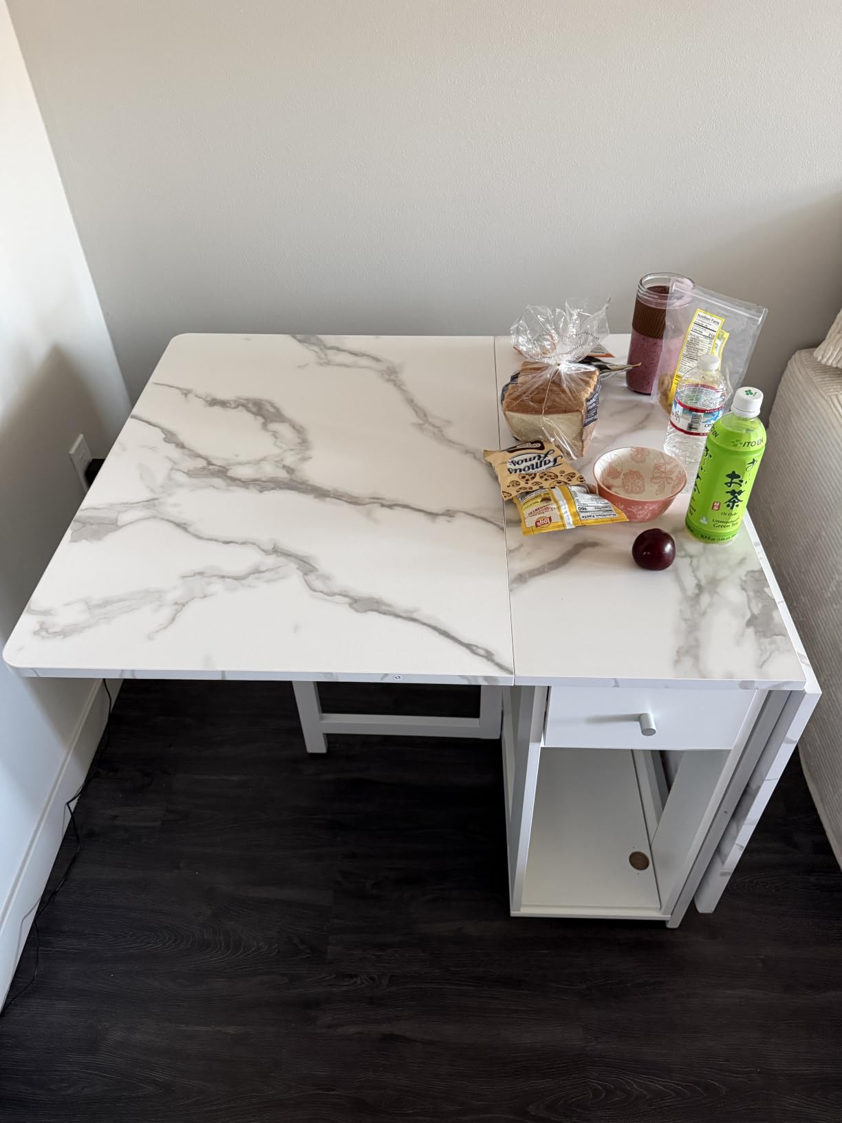 FUNROLUX Folding Dining Table with Rack and 2 Storage Drawers, Movable Extendable Space Saving Kitchen Table in 3 Forms (White) customer photo 1