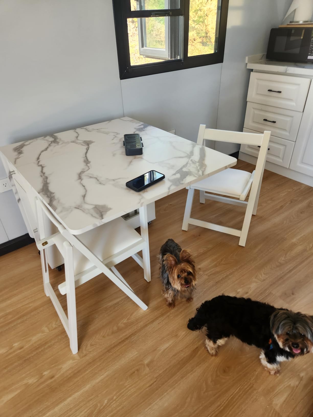 FUNROLUX Folding Dining Table with Rack and 2 Storage Drawers, Movable Extendable Space Saving Kitchen Table in 3 Forms (White) customer photo 2