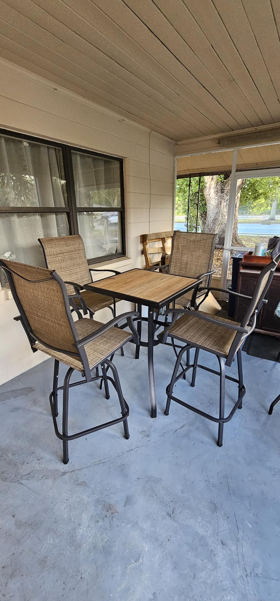 PHI VILLA Outdoor Patio Bar Set of 4, High Top Furniture Set | Bistro Bar Square Table & Swivel Bar Stools with Brown Textilene for Deck Balcony Porch Garden customer photo 2