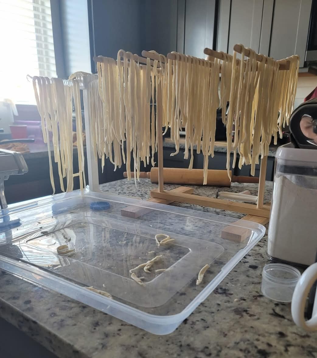 Bamboo Pasta Drying Rack with Transfer Wand and 12 Bars, Easy to Transfer for Drying Pasta and Cooking, Special Suspension Design for Large Storage customer photo 1