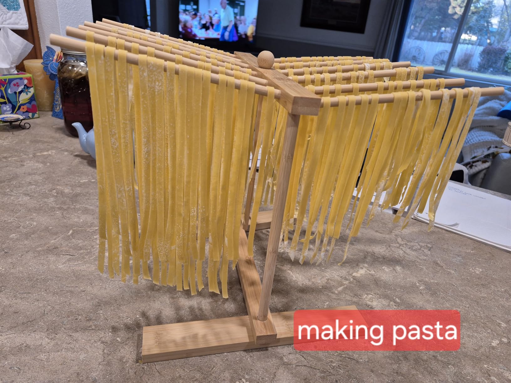 Bamboo Pasta Drying Rack with Transfer Wand and 12 Bars, Easy to Transfer for Drying Pasta and Cooking, Special Suspension Design for Large Storage customer photo 2