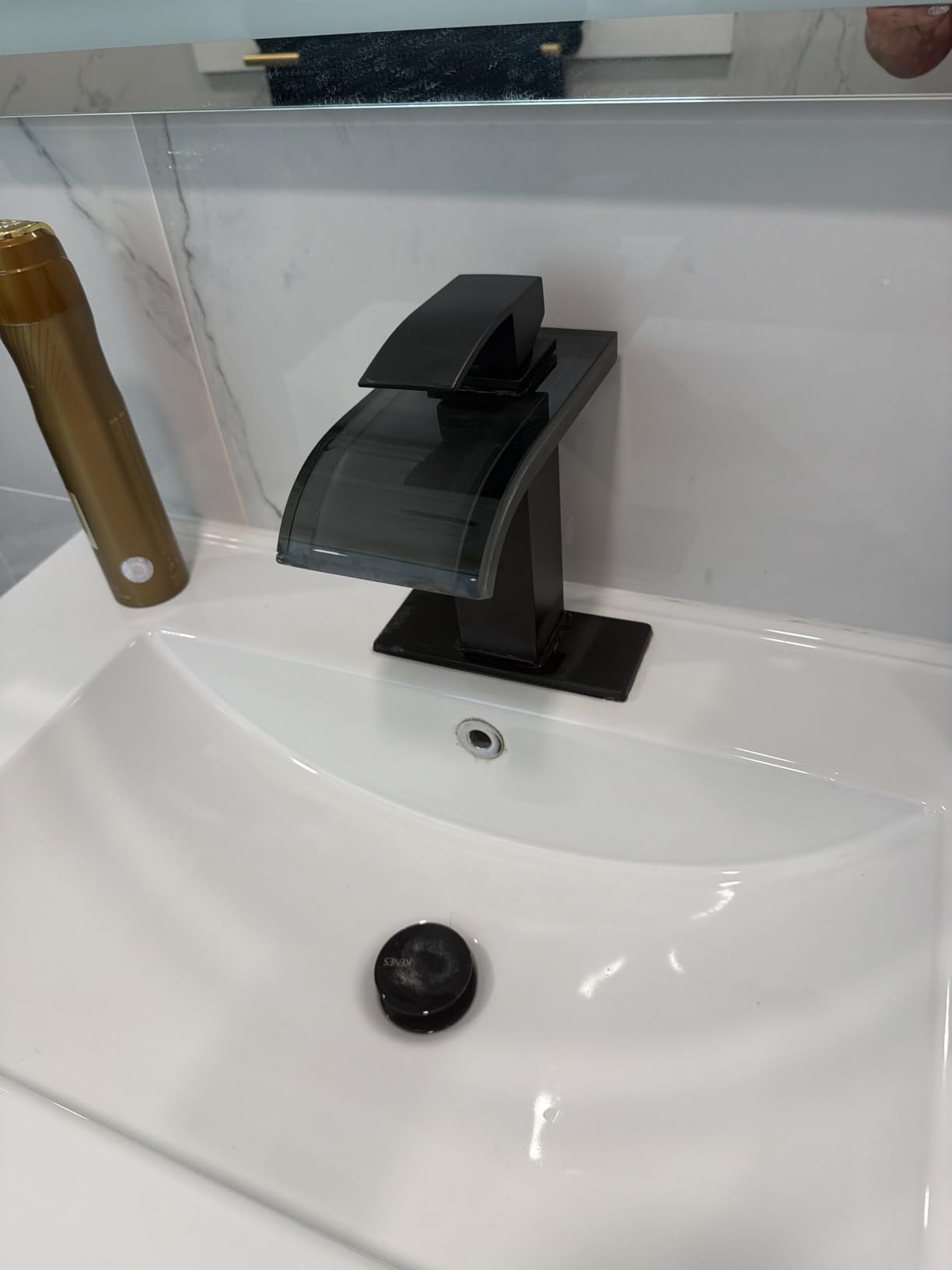 Waterfall Single Handle Bathroom Sink Faucet with Drain Black | Matte Black Vanity Faucet with Pop-up Drain, Ceramic Valve, for 1 or 3 Hole Modern Bathrooms customer photo 1
