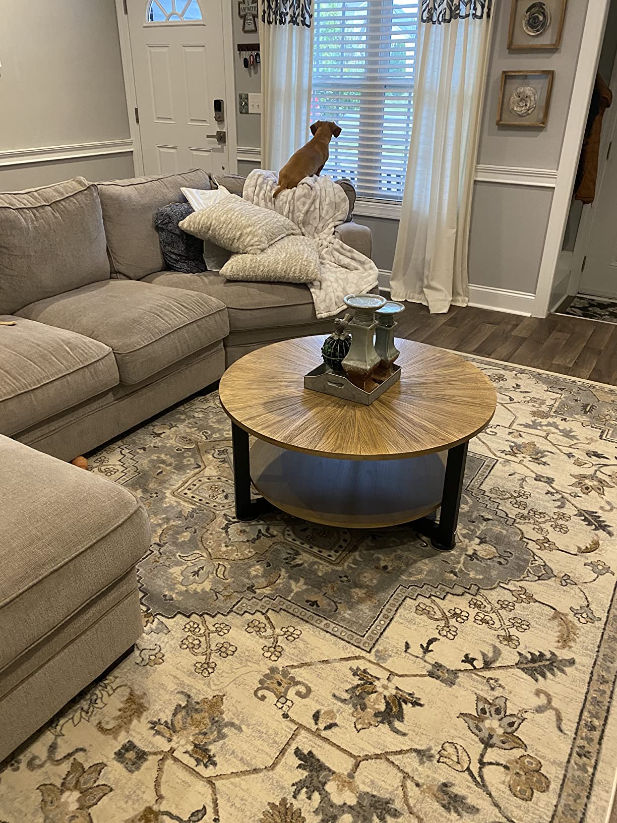 Round Coffee Table with Storage Shelf, Farmhouse Living Room Cocktail Black Metal Legs, Circular Solid Wood Center Tea Table, Sofa 35.3''Dx17.8''H, Natural Brown KFZ1338NC customer photo 1