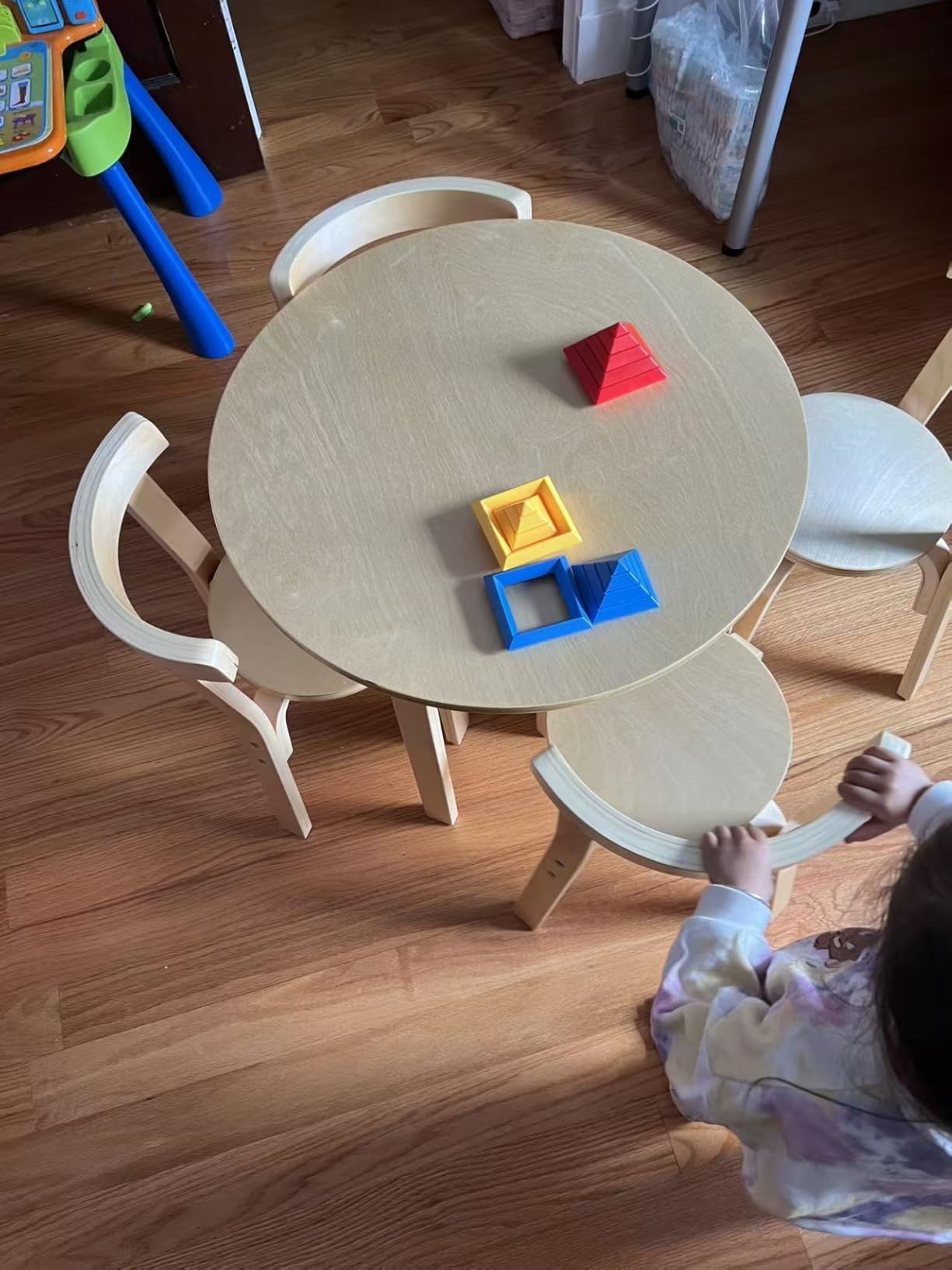 Costzon Kids Table and Chairs, 5-Piece Wooden Round Table Set w/Toy Bricks | Bentwood Toddler Desk Set for Activity Play, Reading, Drawing & Eating, Classroom Playroom Daycare Furniture (Natural) customer photo 1