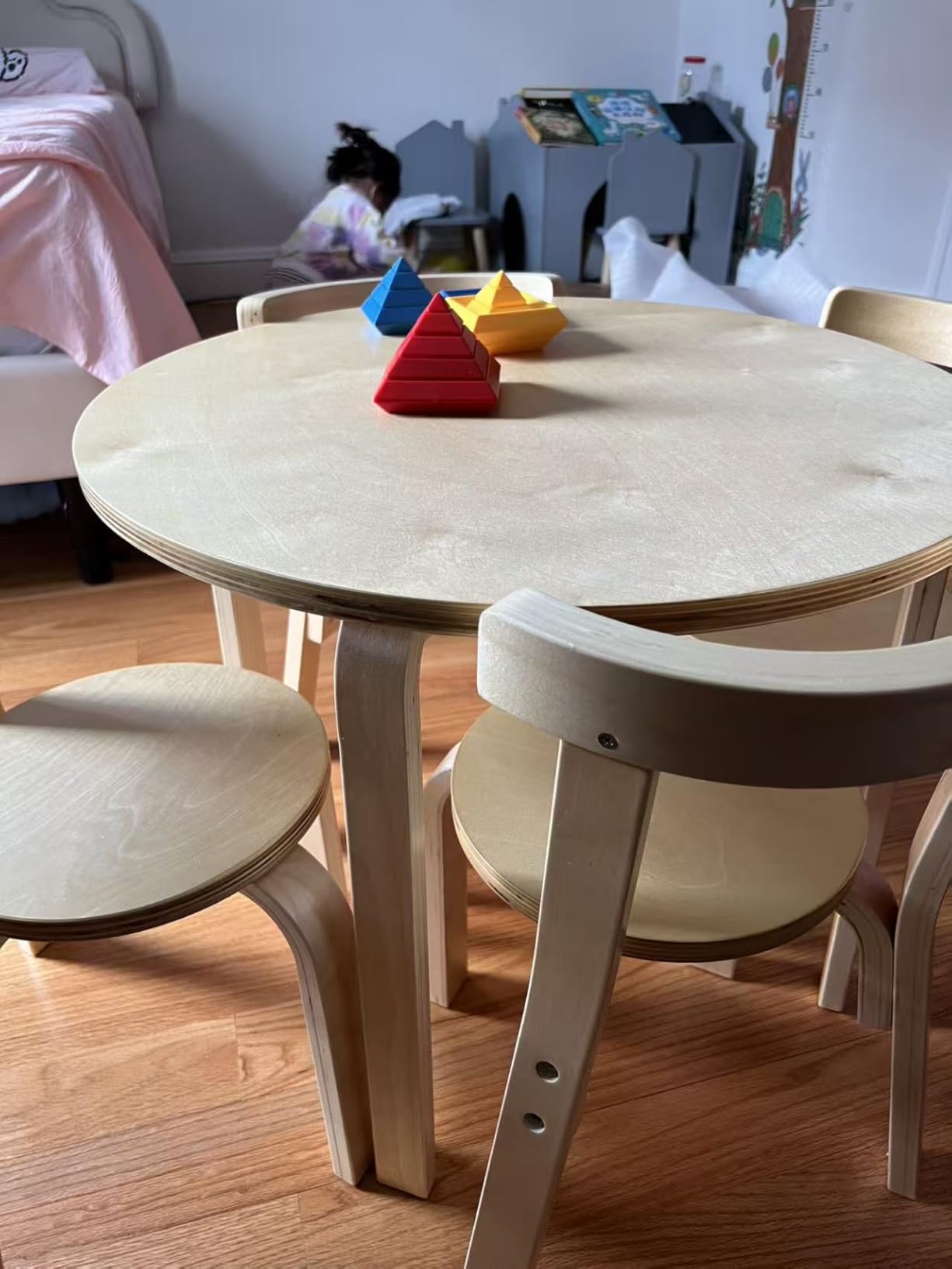 Costzon Kids Table and Chairs, 5-Piece Wooden Round Table Set w/Toy Bricks | Bentwood Toddler Desk Set for Activity Play, Reading, Drawing & Eating, Classroom Playroom Daycare Furniture (Natural) customer photo 2