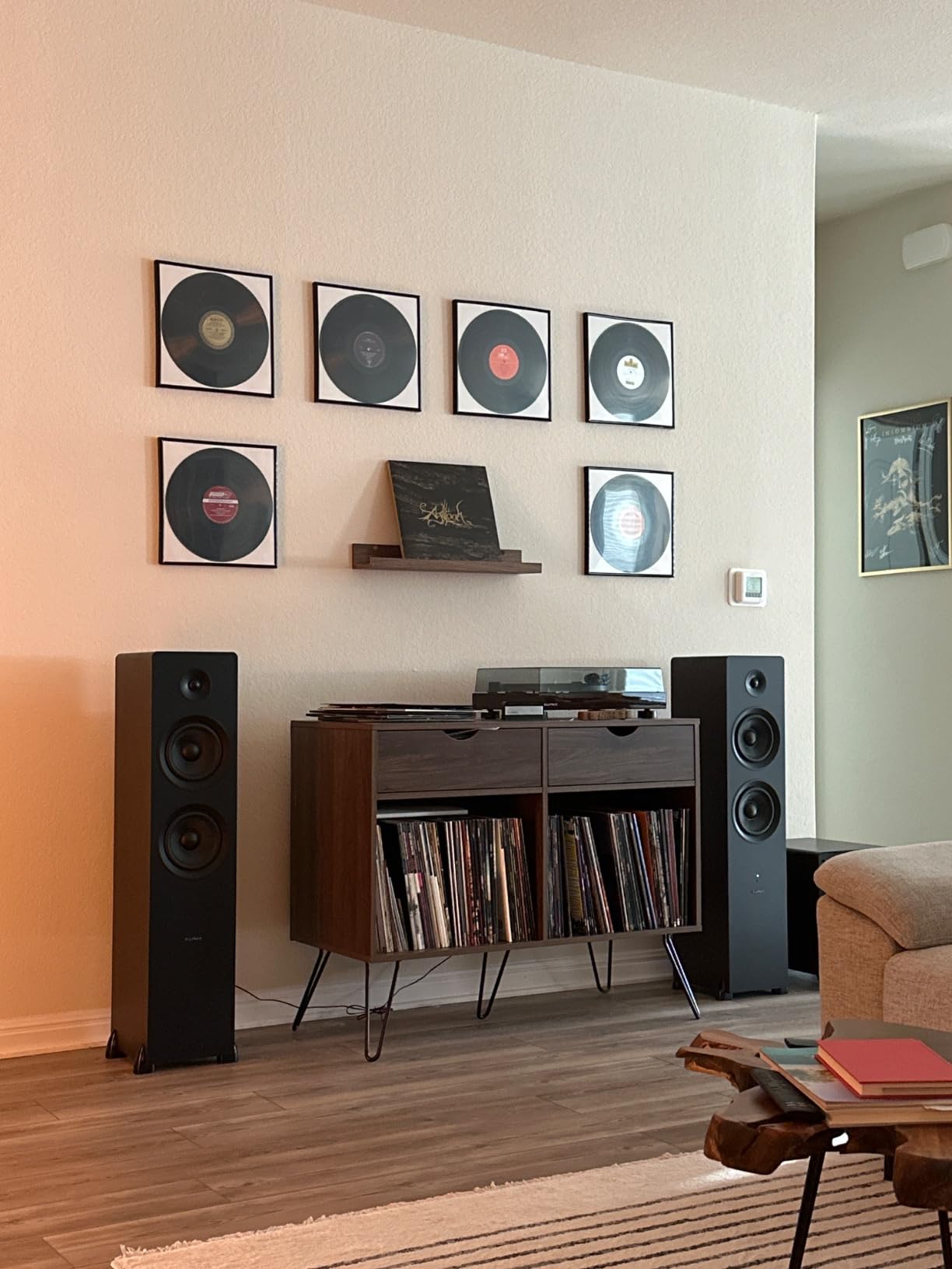 Ai81 Elite Powered 2-Way Floorstanding Tower Speakers, 150W Built-in Amplifier for 2.0 Stereo Music & Movie Listening, TV, Turntable, PC & Bluetooth - 2x RCA, Optical, Sub Out (Natural Walnut) customer photo 1