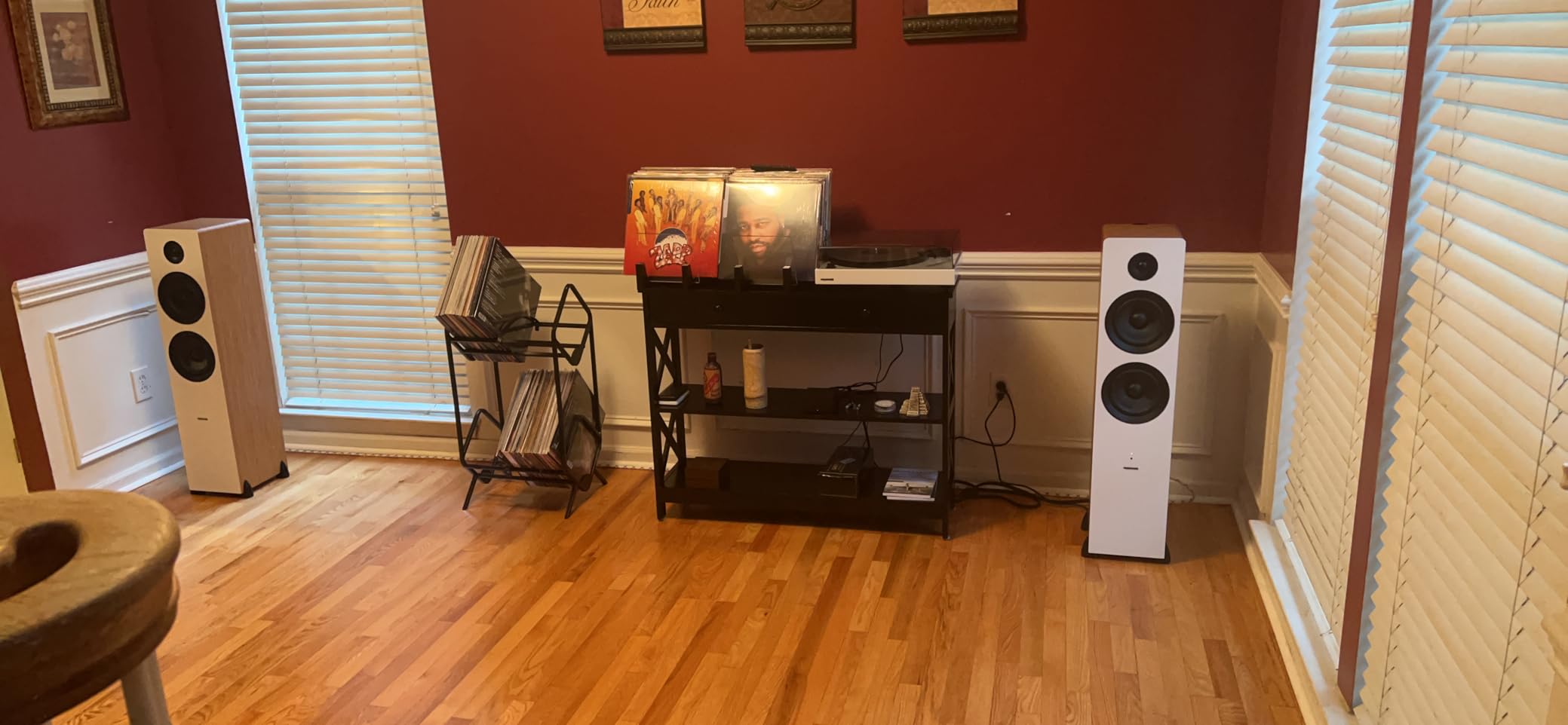 Ai81 Elite Powered 2-Way Floorstanding Tower Speakers, 150W Built-in Amplifier for 2.0 Stereo Music & Movie Listening, TV, Turntable, PC & Bluetooth - 2x RCA, Optical, Sub Out (Natural Walnut) customer photo 2