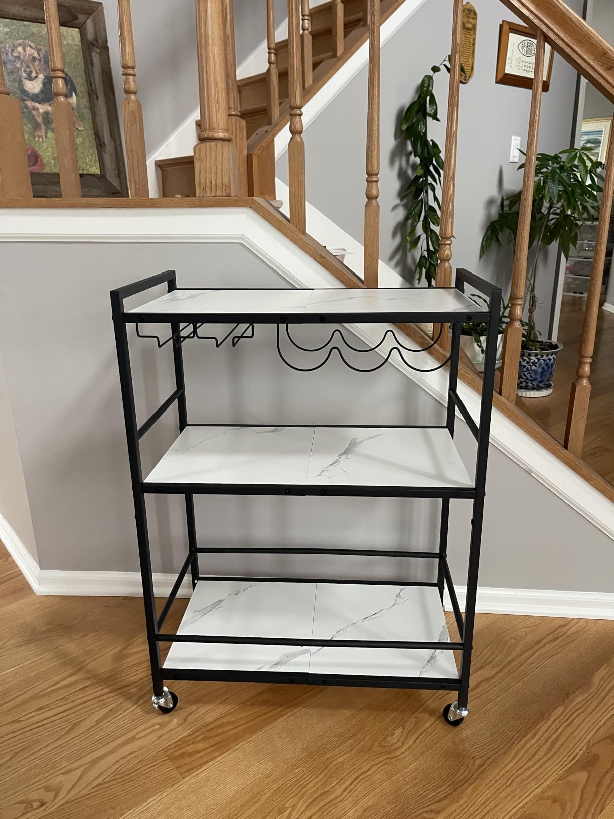 TUTOTAK Bar Cart with Wheels, Drink Cart with Wine Rack and Glass Holder | 3-Tier 23.7 Inch Wide Home Bar Serving Carts, Small Mobile Kitchen Shelf with 6 Hooks, Rustic Brown BC01BB030 customer photo 1
