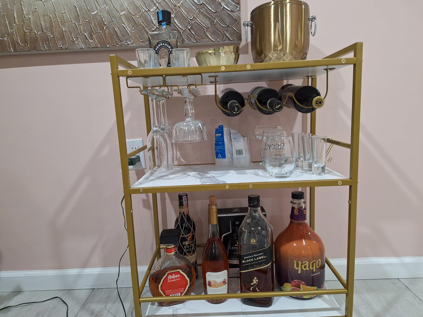 TUTOTAK Bar Cart with Wheels, Drink Cart with Wine Rack and Glass Holder | 3-Tier 23.7 Inch Wide Home Bar Serving Carts, Small Mobile Kitchen Shelf with 6 Hooks, Rustic Brown BC01BB030 customer photo 2