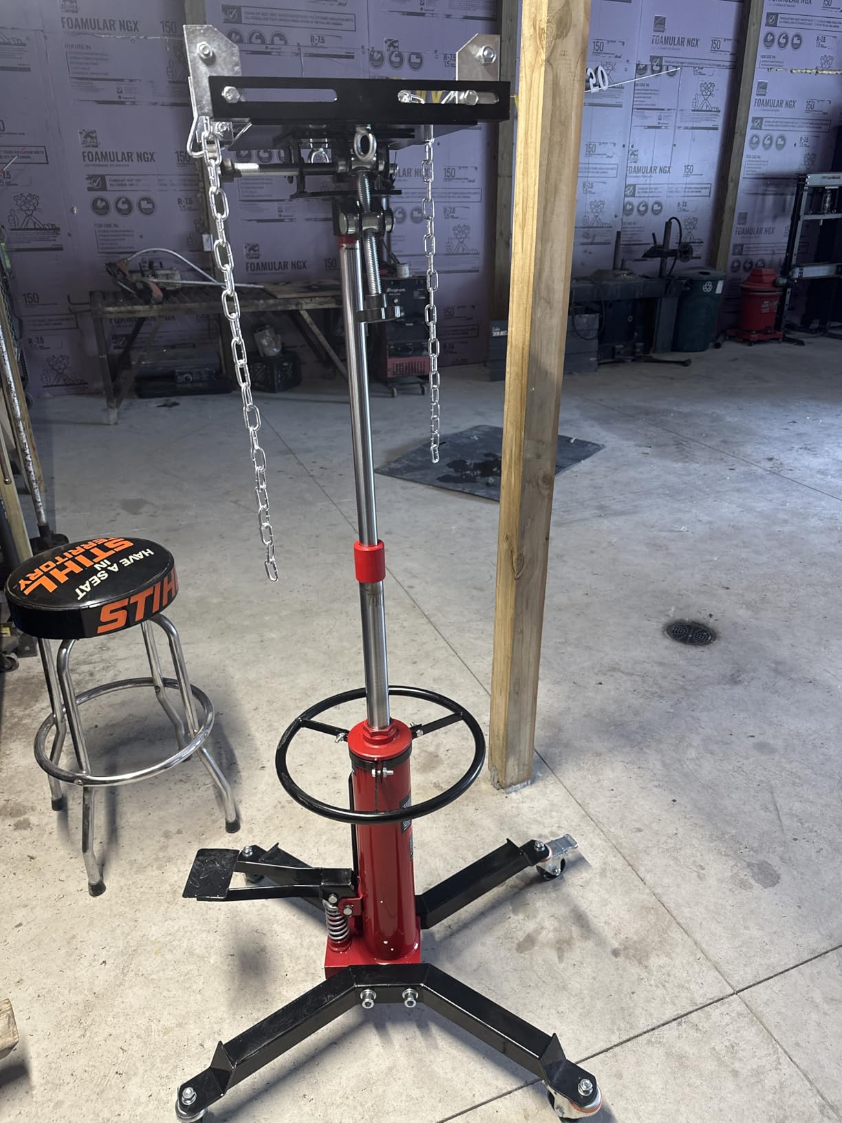 VEVOR Transmission Jack, 0.75 Ton/1660 lbs Capacity Hydraulic Telescopic Transmission Jack, 2-Stage Floor Jack Stand with Foot Pedal, 360° Swivel Wheel, Garage/Shop Lift Hoist, Red customer photo 2