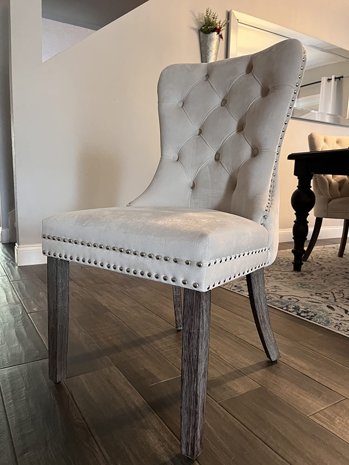Beige Velvet Dining Chairs Set of 2, Elegant Tufted & Nailhead, Wood Legs | Soft Upholstery, Stylish Display with Pull Ring, Ergonomic High Back Support for Dining Rooms Use, Easy and Quick Assembly customer photo 1