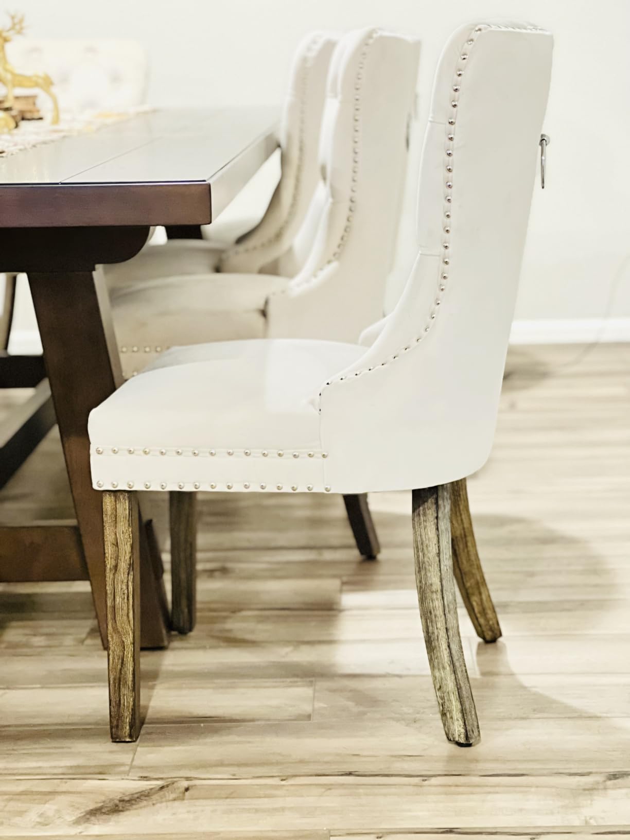 Beige Velvet Dining Chairs Set of 2, Elegant Tufted & Nailhead, Wood Legs | Soft Upholstery, Stylish Display with Pull Ring, Ergonomic High Back Support for Dining Rooms Use, Easy and Quick Assembly customer photo 2