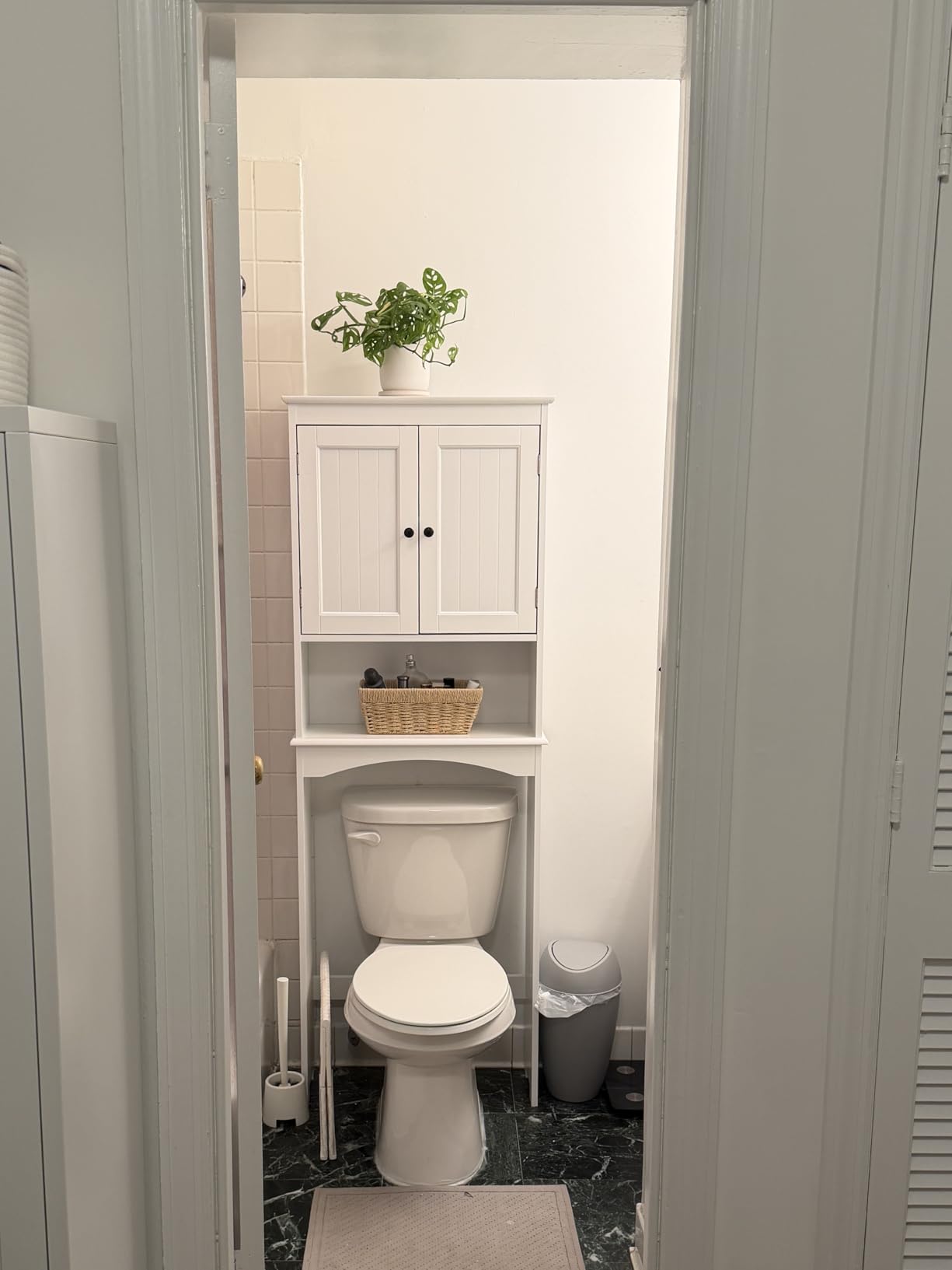 Gizoon Over the Toilet Storage Cabinet with Adjustable Shelf, White, Bathroom Space Saver Organizer Above Toilet with Open Shelf and Double Doors, Taller Wooden Free Standing Toilet Rack customer photo 2