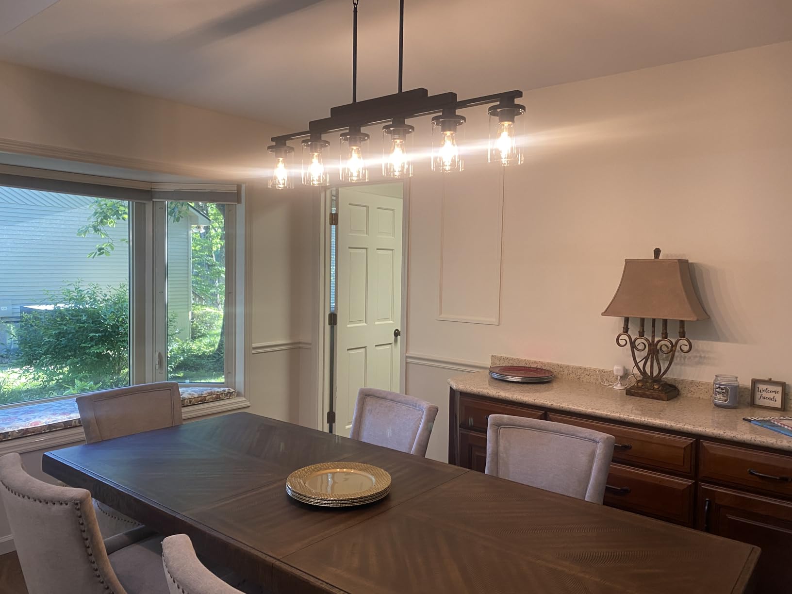 Dining Room Light Fixture/Chandelier Over Table,5-Light Kitchen Island Lighting Hanging for Farmhouse Linear Chandeliers Matte Black Rustic Wood Ceiling Pendant Light Fixtures with Clear Glass Shade customer photo 1