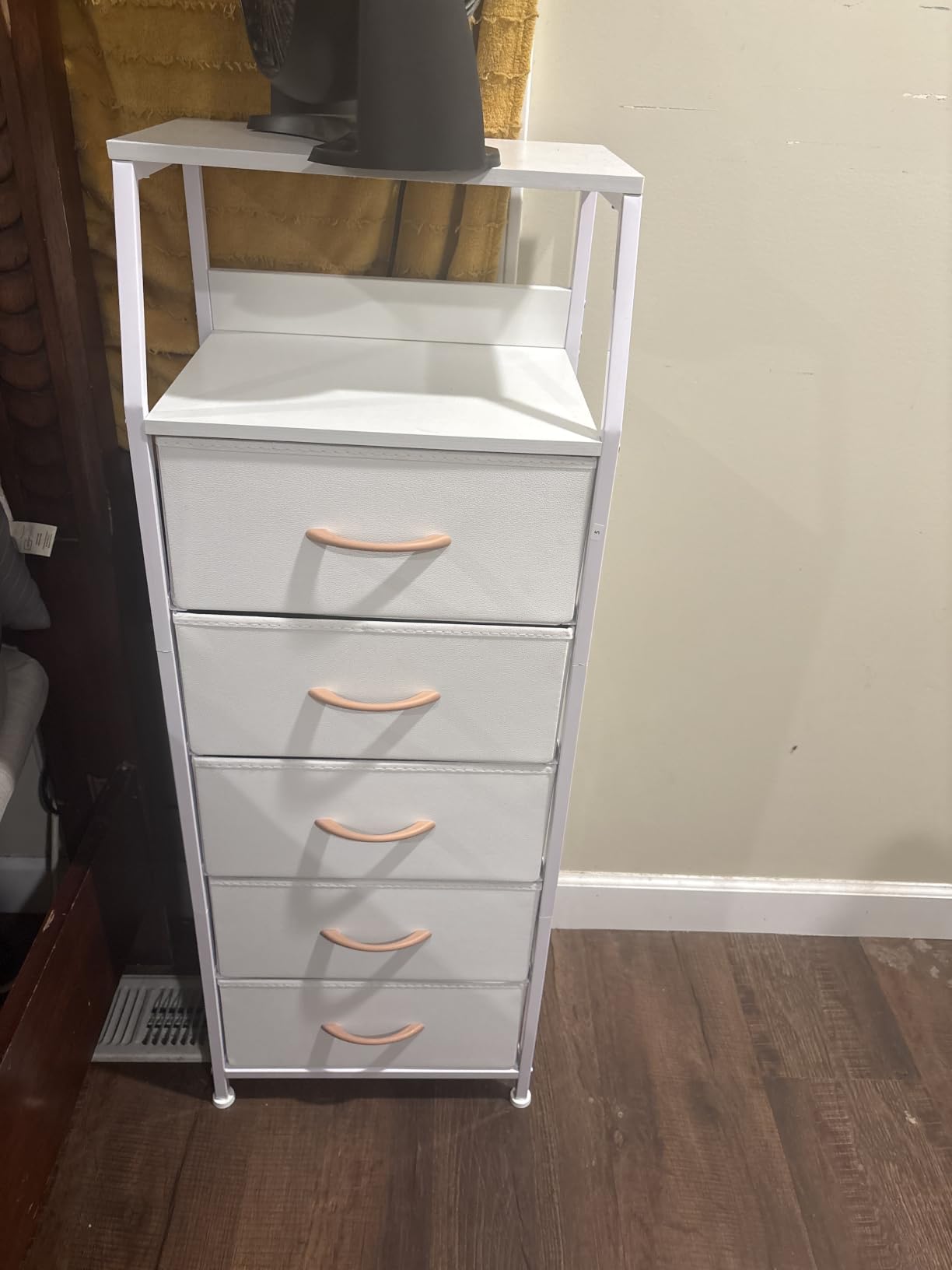 Furnulem Dresser for Bedroom, 5 Drawers Tall Nightstand, Chest of Drawers | Rustic Brown Dresser for Closet, Bedside Table with Fabric Drawer, Metal Frame, Wood Top, Easy Assembly for Dorm, Living Room customer photo 2
