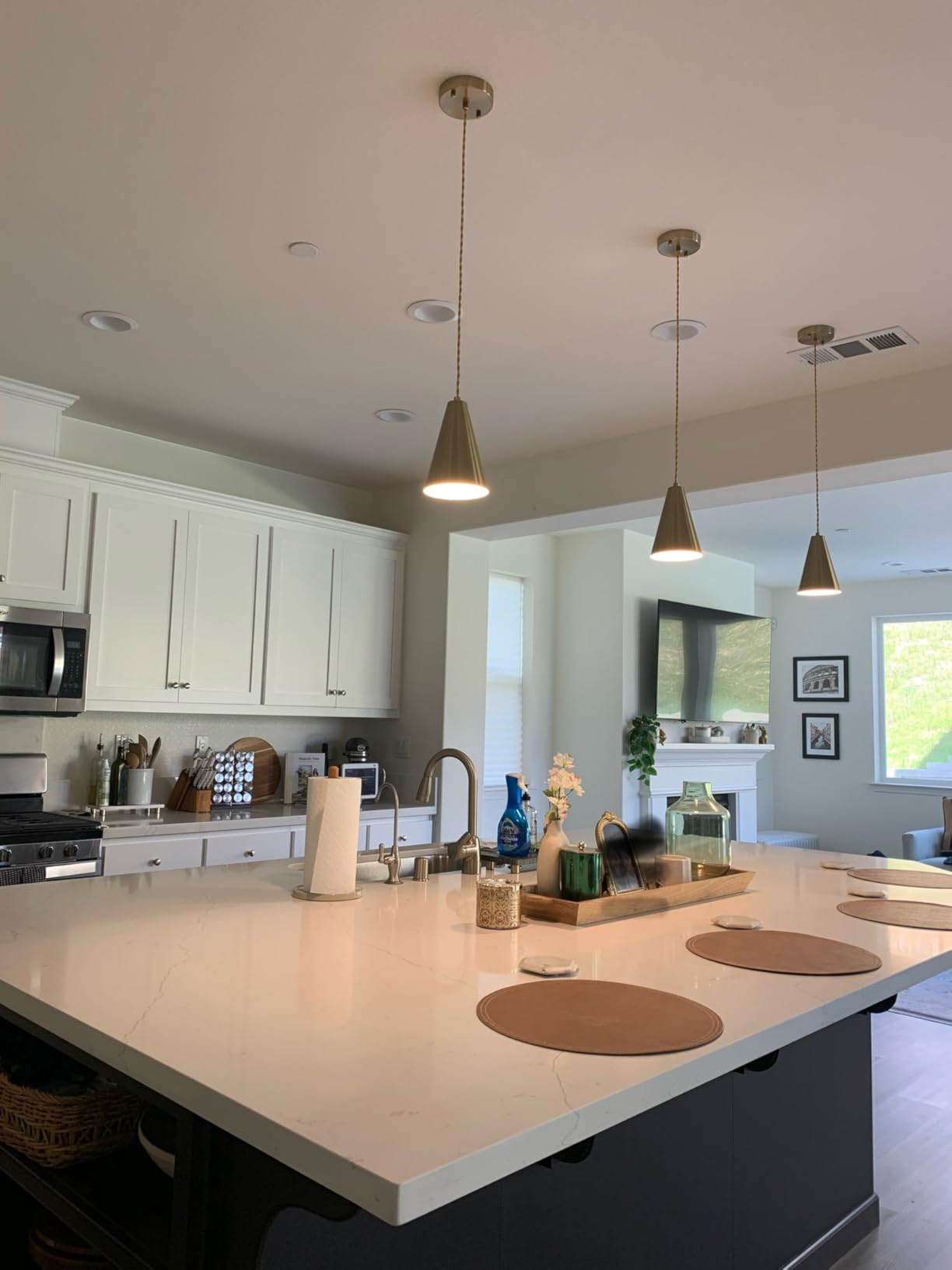 Gold Pendant Lights Kitchen Island, Dining Room Light Fixtures Over Table 3 Pack with Brushed Brass Cone Metal Shade, Modern Farmhouse Mini Chandeliers, Adjustable Cord Hanging Lighting for Bar, Sink customer photo 1