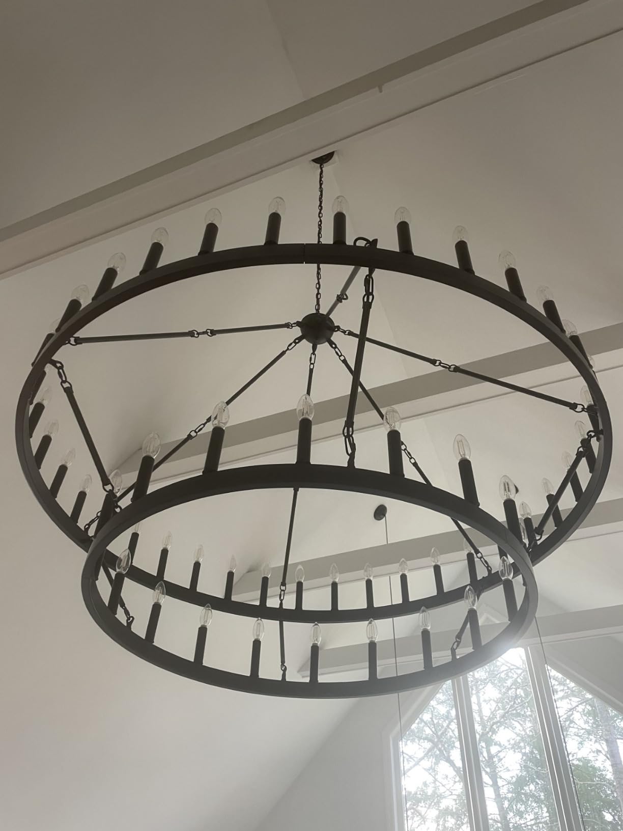 2 Tier Black Large Wagon Wheel Chandelier, 54-Lights 60 Inch Farmhouse Pendant Light Fixture, Round Rustic Hanging Lighting for Dining Room Kitchen Island Foyer Entryway customer photo 2