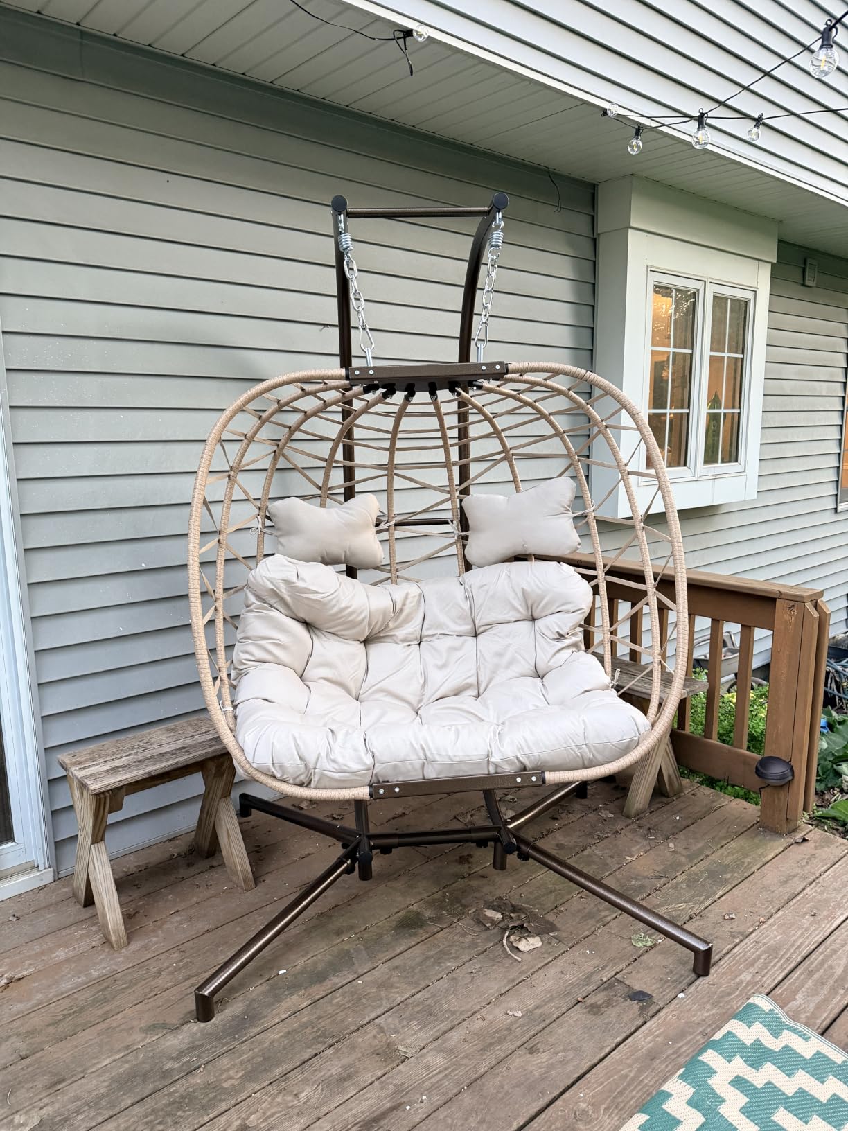 NICESOUL Double Swing Egg Chair with Stand, Extra Large 2 Person Indoor Outdoor Wicker Loveseat, Oversized Patio Hanging Basket Chair with Cushions, Cozy Sturdy Porch Swing for Backyard Balcony, Beige customer photo 2