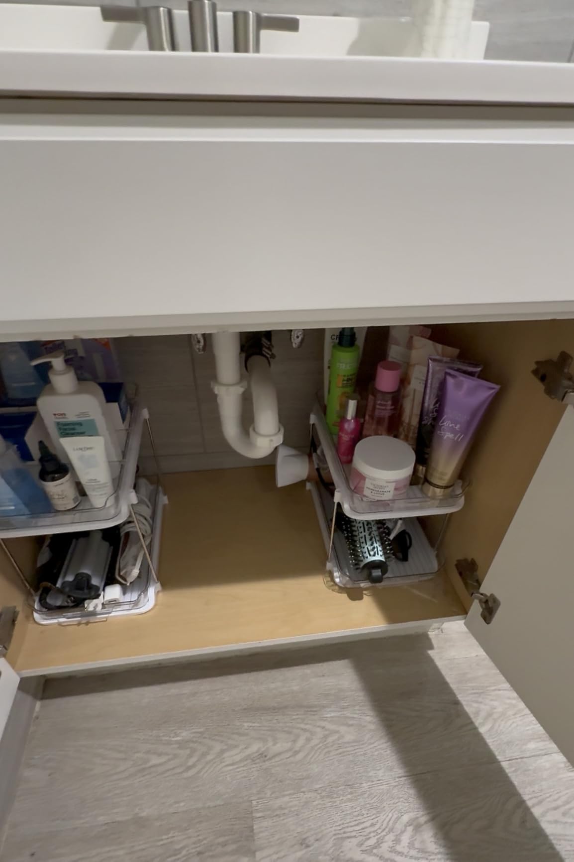 Delamu 2-Tier Multi-Purpose Bathroom Under Sink Organizers and Storage, Stackable Kitchen Pantry Organization, Pull Out Medicine Cabinet Organizer with Movable Dividers, White, 2 Pack customer photo 1