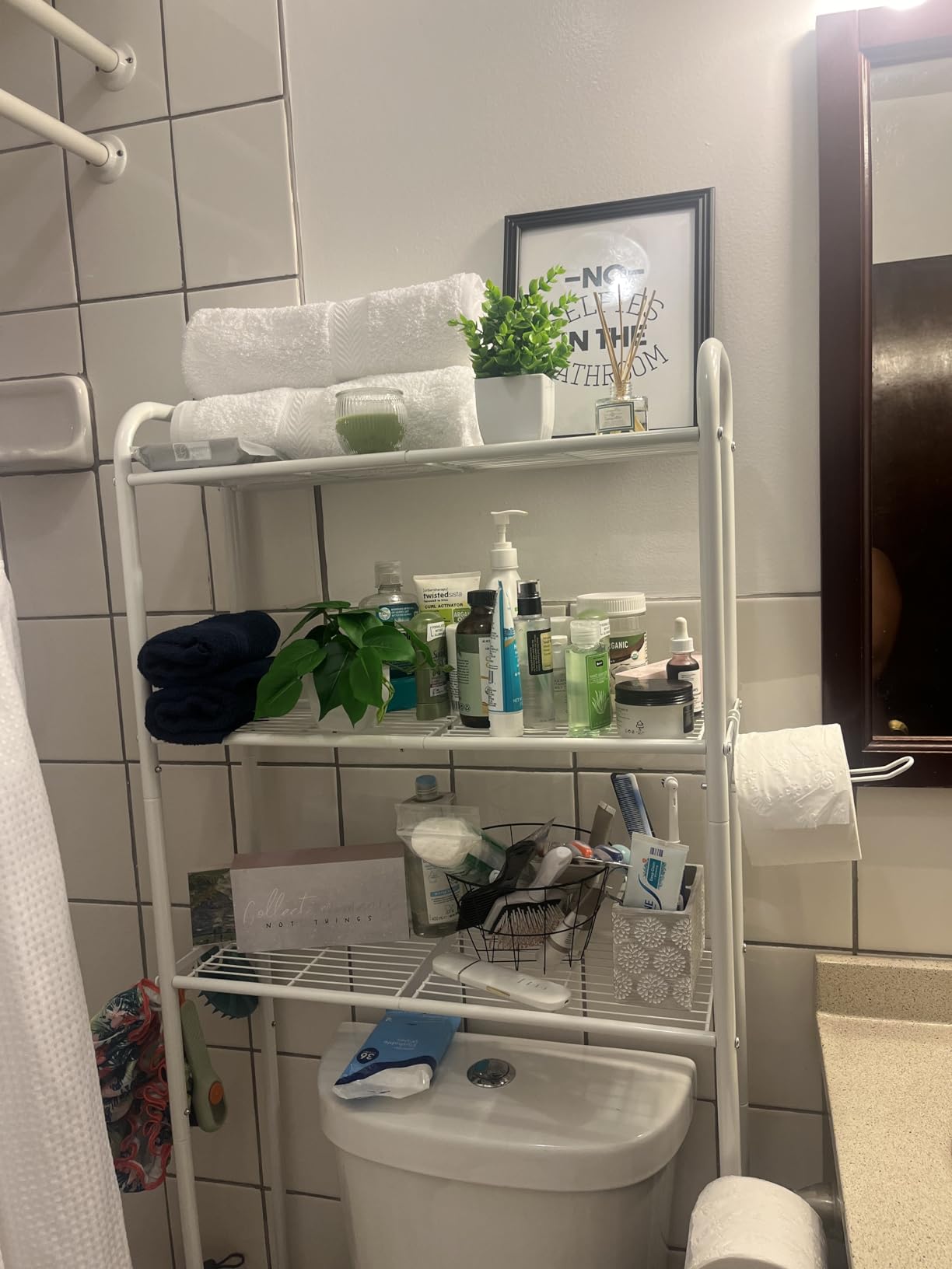 Simple Trending Over The Toilet Storage Rack, Metal 3 Tier Bathroom Organizer Shelf with Paper Holder and 3 Hooks, Freestanding Shelf Space Saver Above Toilet, White customer photo 1