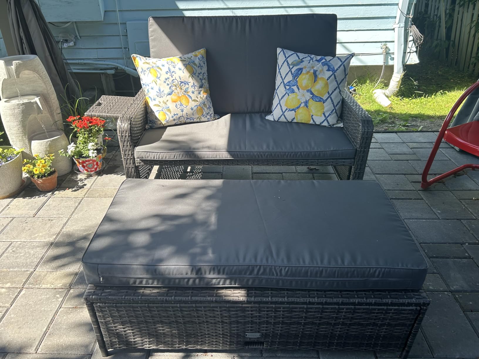 Tangkula Patio Rattan Daybed with 4-Level Adjustable Backrest, Outdoor PE Wicker Loveseat with Storage Ottoman & Folding Side Tray, Double Sunbed Lounger for Balcony, Backyard & Poolside, Navy & Brown customer photo 2