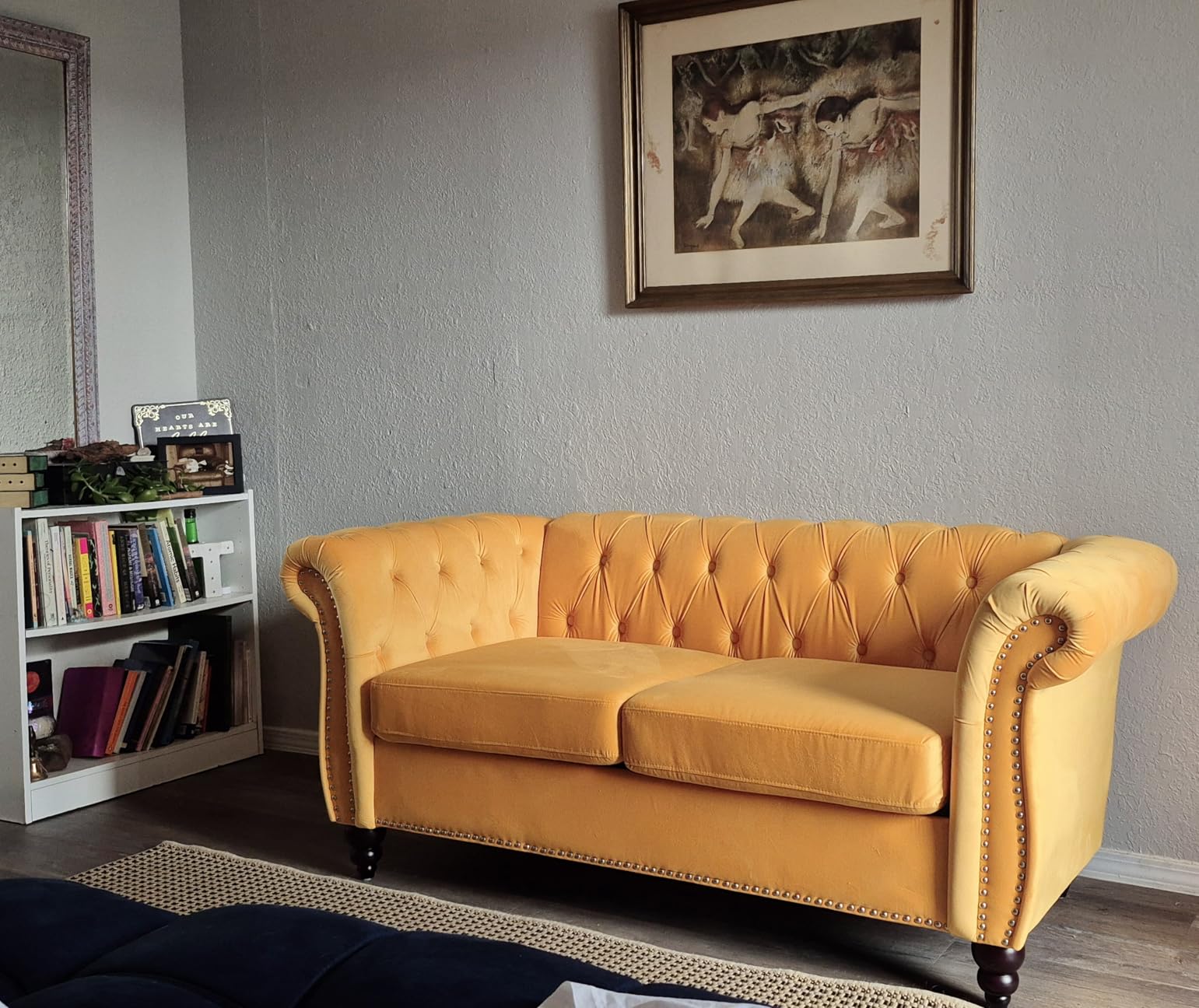 RARZOE Traditional Chesterfield Loveseat Sofa, Modern Vintage Chesterfield Button Tufted Velvet Couch with Nailhead Trim Scrolled Arms for Living Room Bedroom Office (Mango) customer photo 1