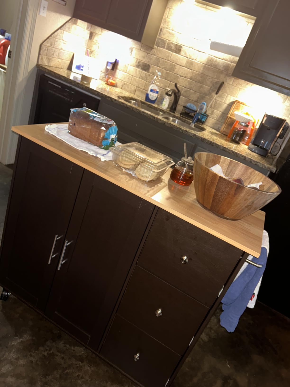 Shintenchi Kitchen Island Cart with Storage, Rolling Kitchen Island Side Table on Wheels with Large Worktop, Storage Cabinet, Towel Rack, Drawers and Open Shelves, White customer photo 1