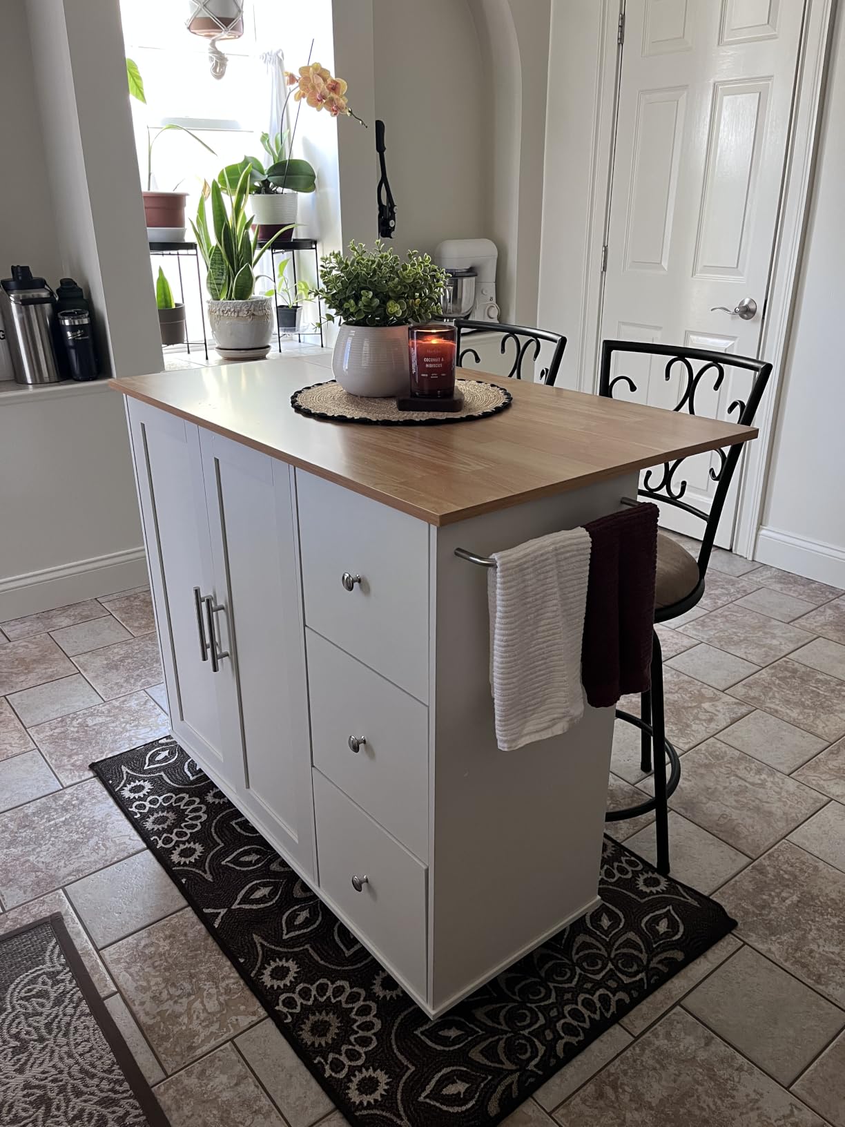 Shintenchi Kitchen Island Cart with Storage, Rolling Kitchen Island Side Table on Wheels with Large Worktop, Storage Cabinet, Towel Rack, Drawers and Open Shelves, White customer photo 2