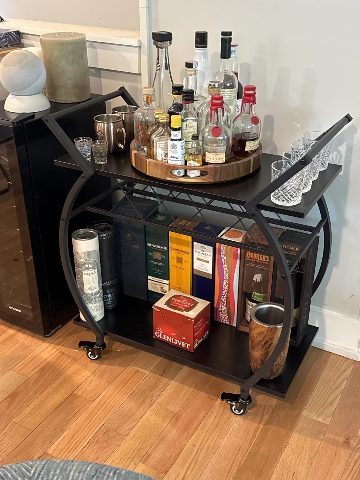 LVB Black Bar Cart with Wheels, Industrial Wine Cart with Storage for Home | Modern Bar Cart with Wine Rack, Beverage Rolling Kitchen Serving Cart, Wooden Microwave Drink Liquor Cart for Dining Room customer photo 1