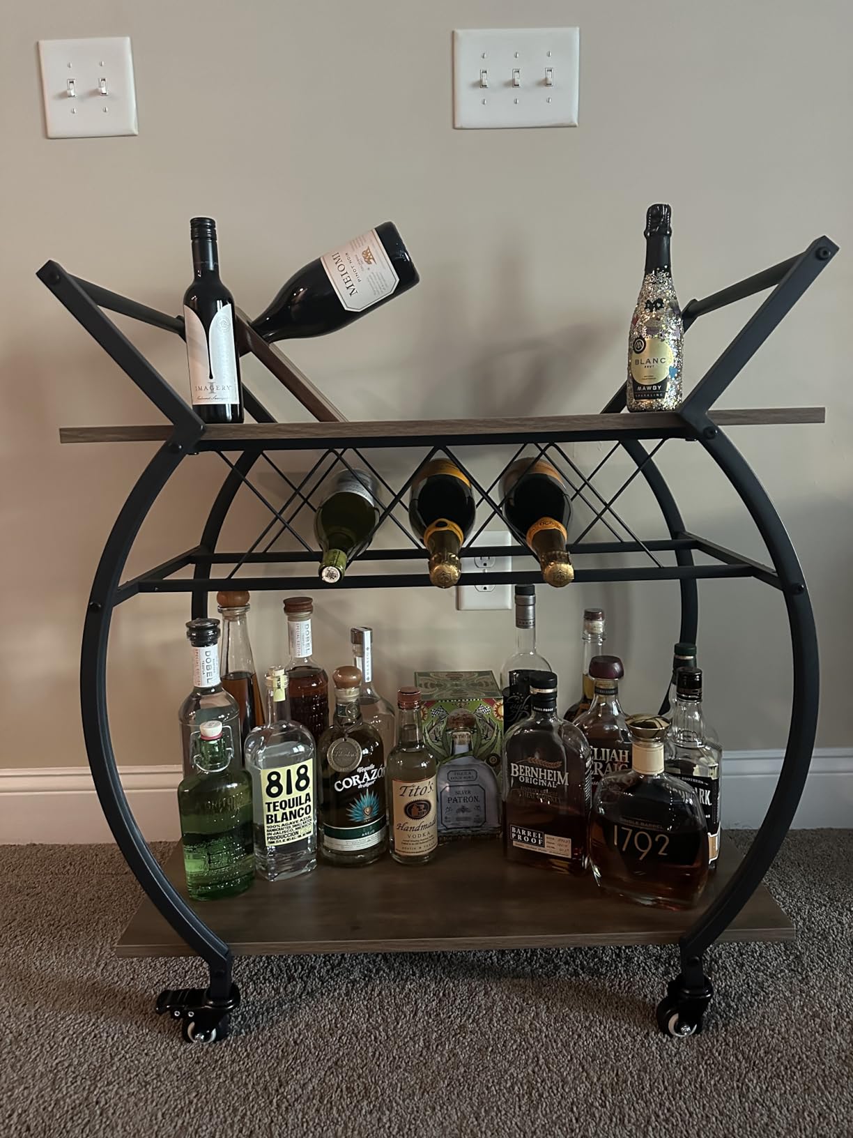 LVB Black Bar Cart with Wheels, Industrial Wine Cart with Storage for Home | Modern Bar Cart with Wine Rack, Beverage Rolling Kitchen Serving Cart, Wooden Microwave Drink Liquor Cart for Dining Room customer photo 2