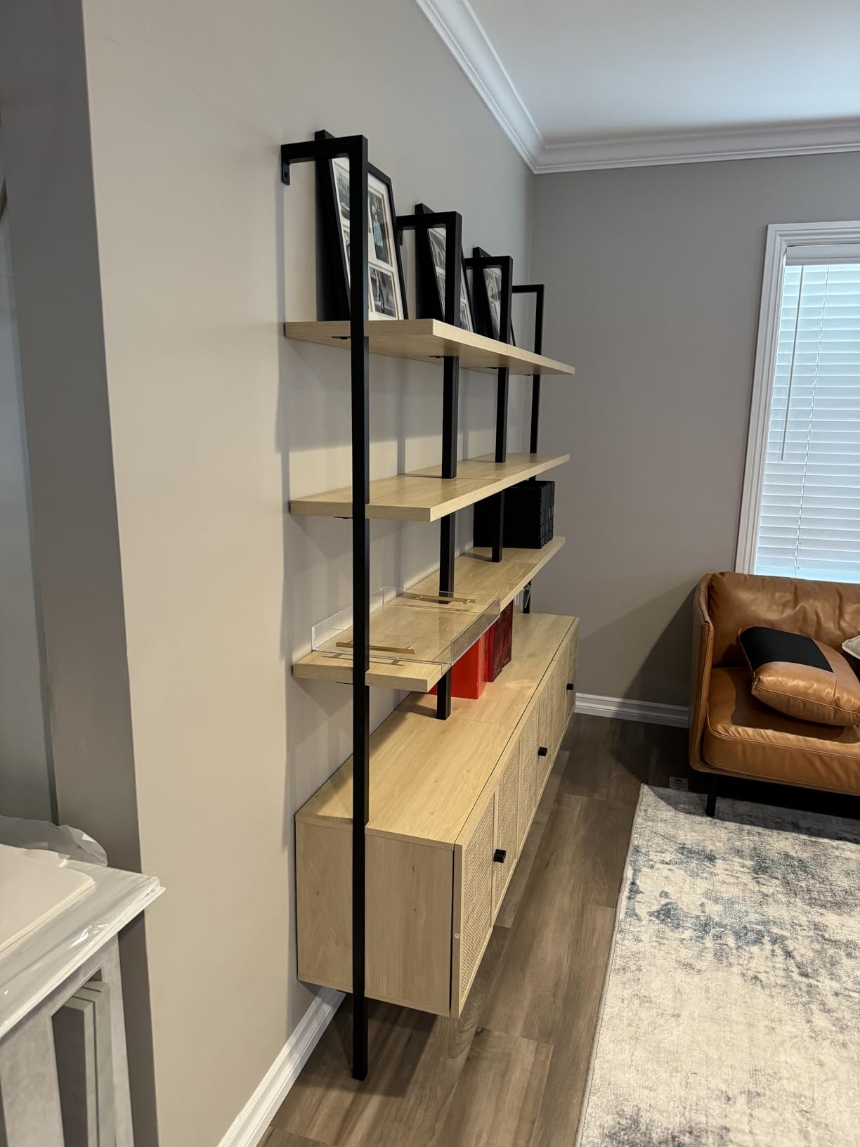 Theo Modern Bookcase with Rattan Cabinet in Matte Black and Light Oak Finish with Matte Black Metal Frame for Living Room, Home Office Storage customer photo 2