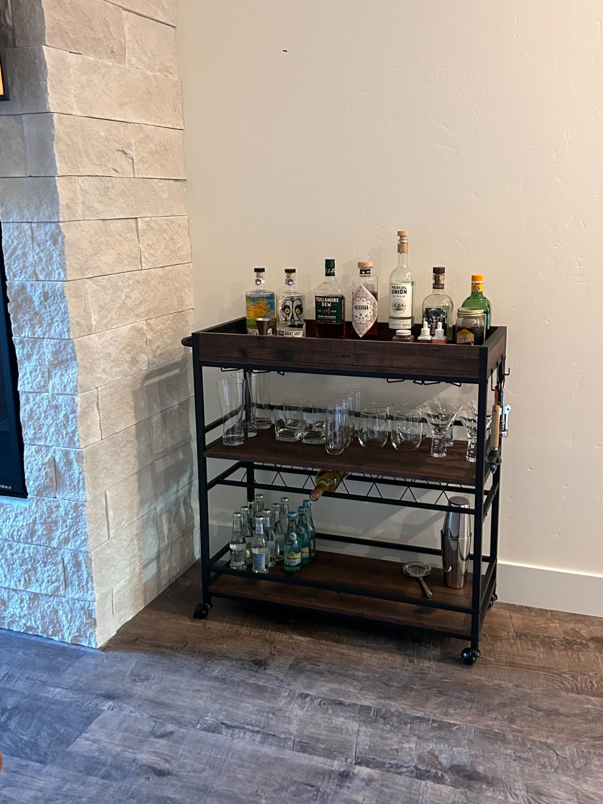 BON AUGURE Bar Cart for The Home, Rolling Home Bar Serving Cart on Wheels, 3 Tier Liquor Beverage Carts with Wine Rack and Glass Holder (Rustic Oak) customer photo 1
