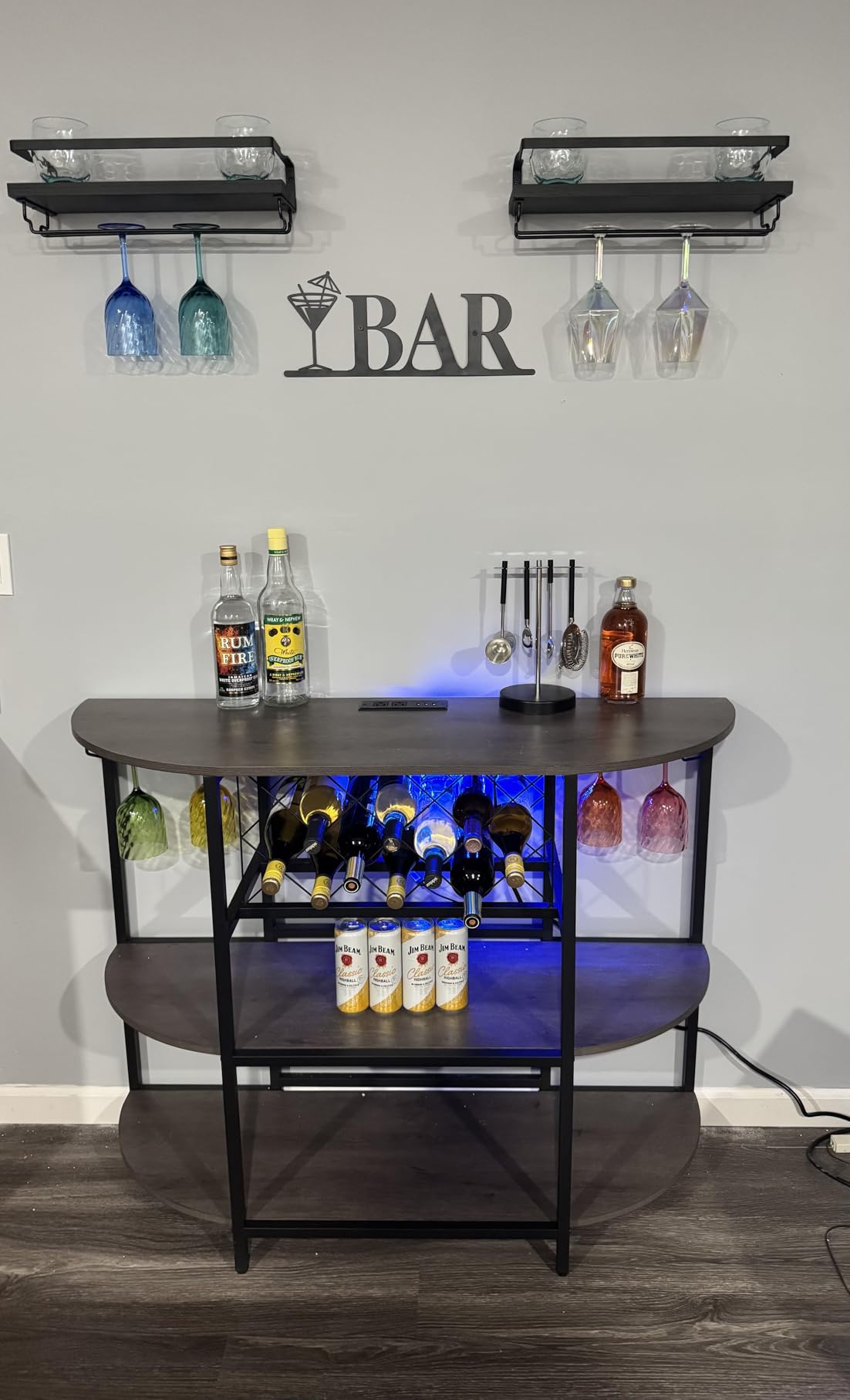 Zarler Bar Cart with Power Outlet Easy to Assemble, LED Home Bar Cabinet for Liquor, 47.3