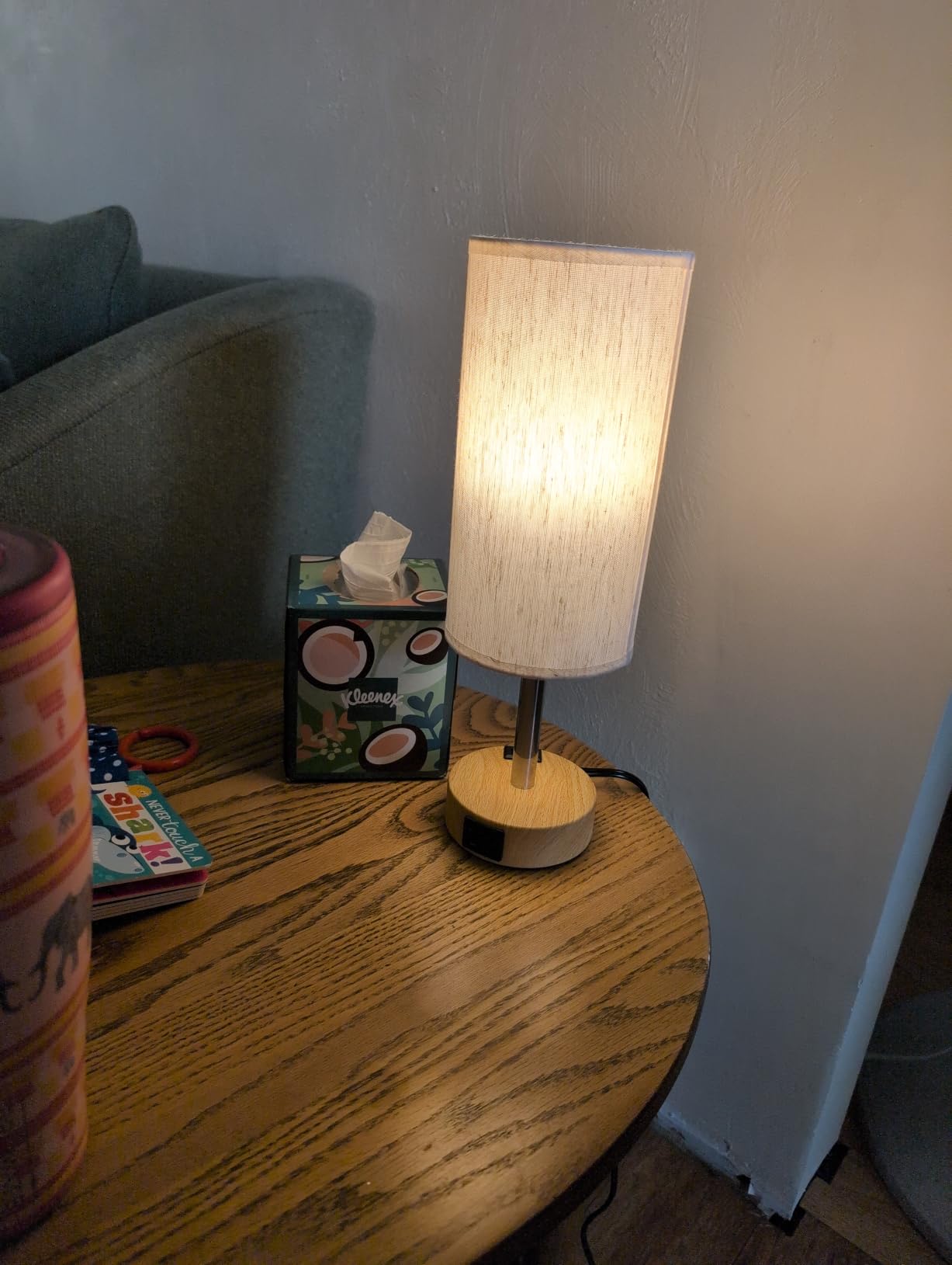 Fenmzee Bedside Table Lamp for Bedroom - 3 Way Dimmable Touch Lamp USB C Charging Ports and AC Outlet, Small Lamp Wood Base Round Flaxen Fabric Shade for Living Room, Desk, LED Bulb Included customer photo 1