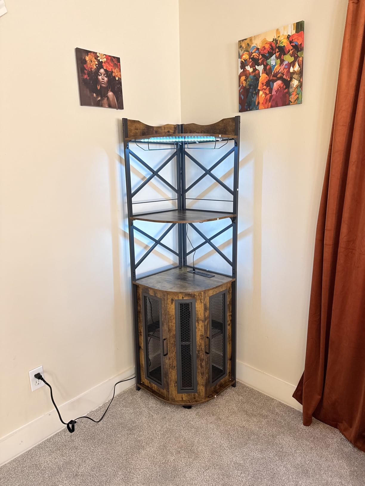 Aheaplus Corner Bar Cabinet with Power Outlet, Industrial Wine Cabinet with LED Strip and Glass Holder, 5-Tiers Liquor Cabinets Bar Unit for Home, Corner Display Cabinets for Small Space, Black customer photo 2