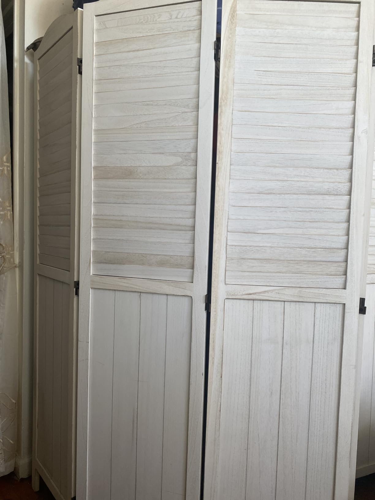Room Dividers and Folding Privacy Screens, Wood Louvered Separators Divider Wall - 4 Panels, White-Washed customer photo 1