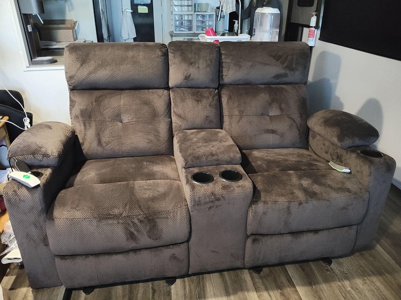 68'' RV Power Reclining Loveseat with Heat and Massage | RV Loveseat Recliner Sofa with Console | Double Reclining Couch with Cup Holder | Loveseat Recliner Theater Seating (PU, Brown) customer photo 1
