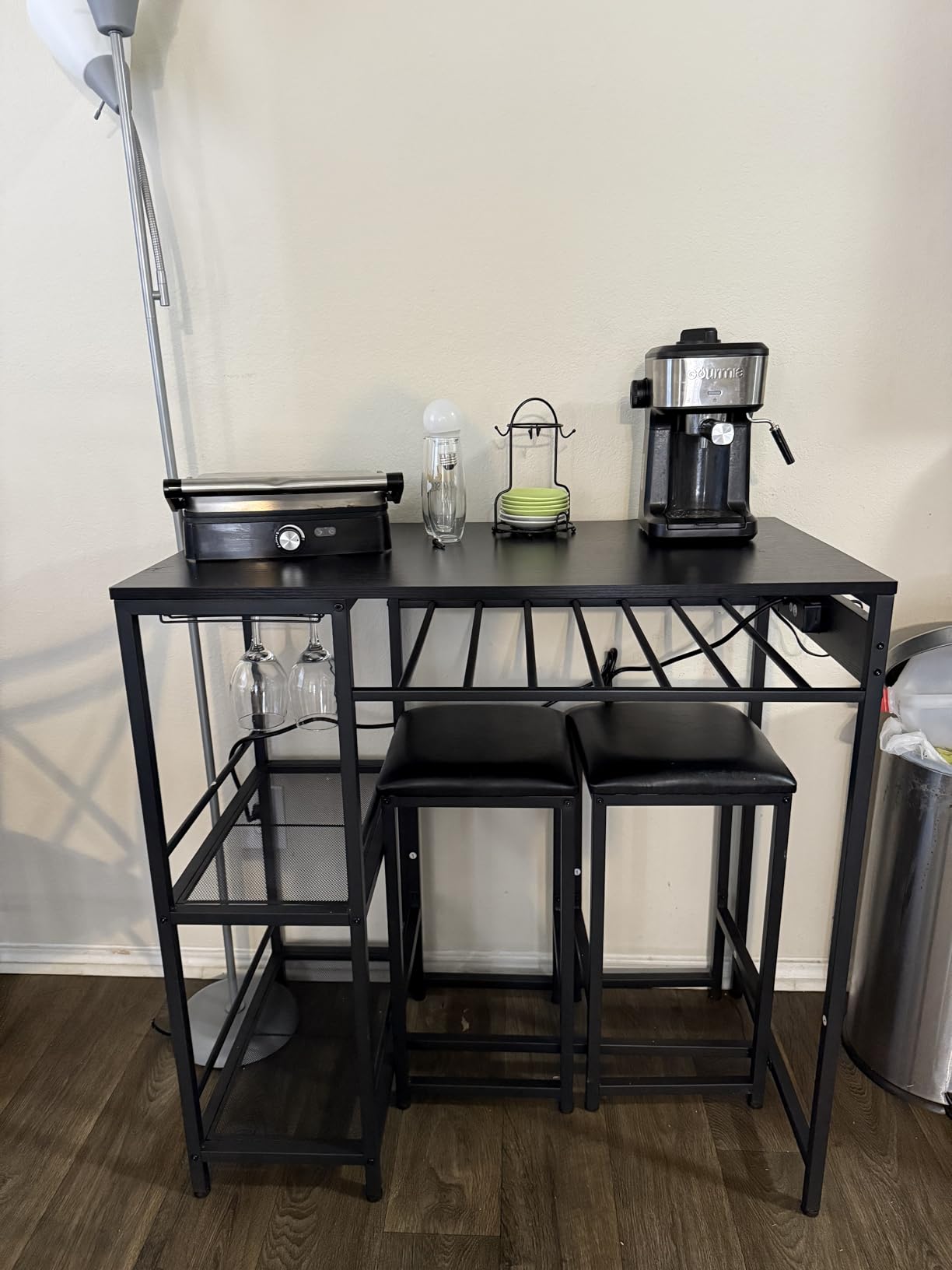 Bar Table and Chairs Set with Power Outlet, Pub Table and Chairs Set for 2, 3 Piece Table Set with 2 Storage Shelves, Wine Rack and Glass Holder, for Living Room, Dining Room, Small Apt customer photo 1