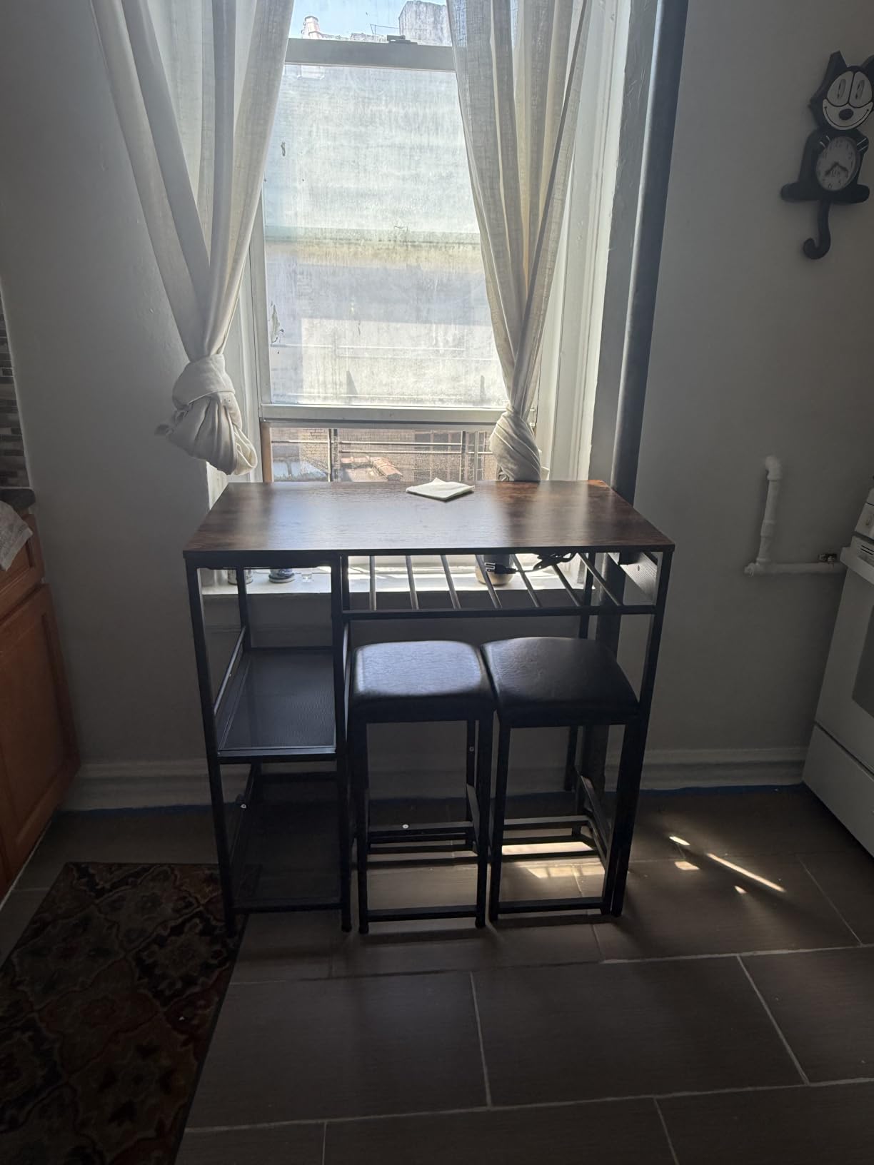 Bar Table and Chairs Set with Power Outlet, Pub Table and Chairs Set for 2, 3 Piece Table Set with 2 Storage Shelves, Wine Rack and Glass Holder, for Living Room, Dining Room, Small Apt customer photo 2