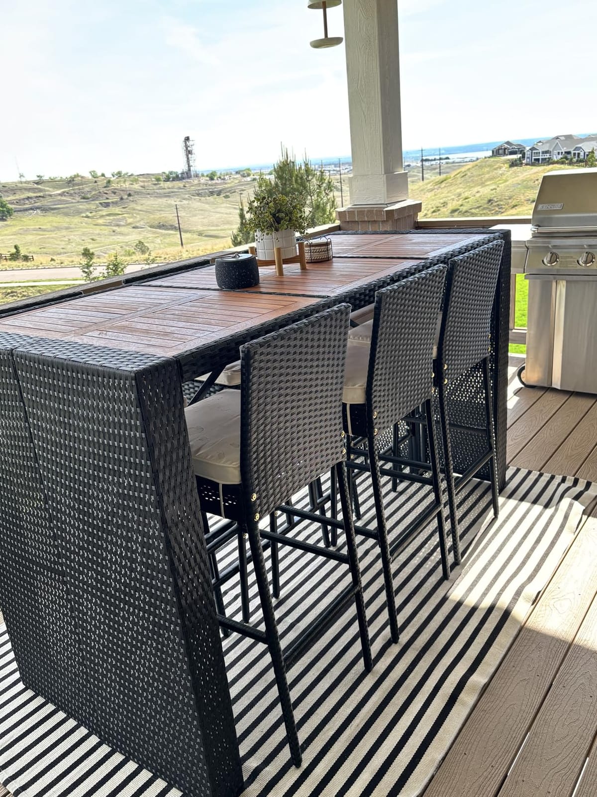 Yaheetech 7 Piece Patio Dining Set Outdoor Acacia Wood Bar Table and Chairs | with Removable Cushions, Wicker Furniture Set for Deck, Backyard, Garden, Black/Beige customer photo 1