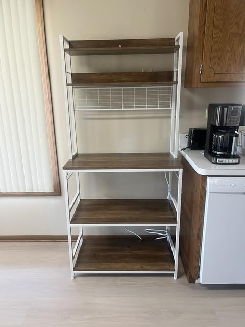 VASAGLE Bakers Rack with Power Outlet, Microwave Stand, Kitchen Tall Utility Storage Shelf, with Metal Wire Panel, 14 Hooks, 15.7 x 23.6 x 66.9 Inches, Rustic Brown and Ink Black UKKS037B01 customer photo 1